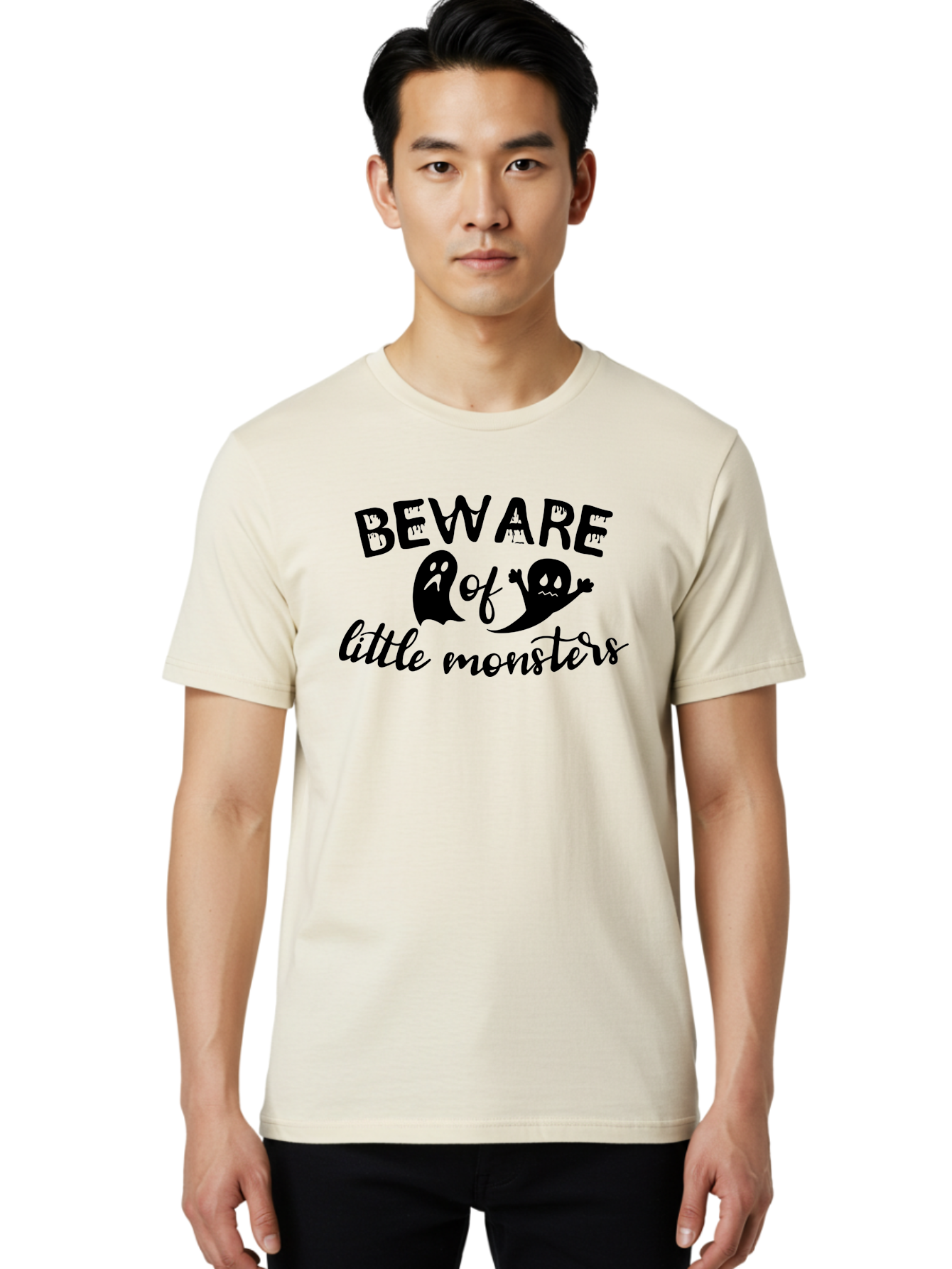 Beware-Of-Little-Monsters Men'S Graphic Tee, 100% Cotton, Comfortable Casual Summer Wear, Machine Washable, Halloween Graphic, Beware Of Little Monsters, Ghostly Figures, Spooky Atmosphere, Black Silhouettes, Creepy Warning, Halloween Theme, Aac513