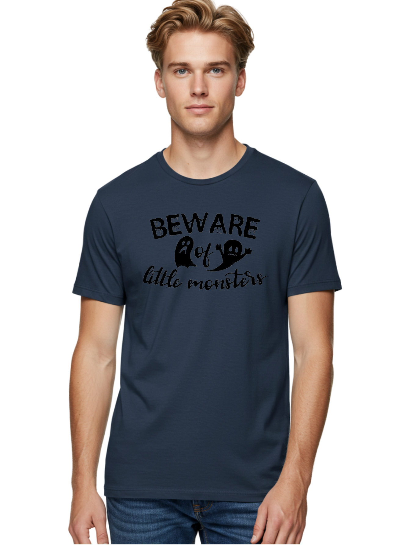 Beware-Of-Little-Monsters Men'S Graphic Tee, 100% Cotton, Comfortable Casual Summer Wear, Machine Washable, Halloween Graphic, Beware Of Little Monsters, Ghostly Figures, Spooky Atmosphere, Black Silhouettes, Creepy Warning, Halloween Theme, Aac513