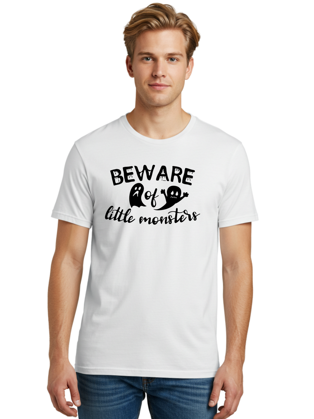 Beware-Of-Little-Monsters Men'S Graphic Tee, 100% Cotton, Comfortable Casual Summer Wear, Machine Washable, Halloween Graphic, Beware Of Little Monsters, Ghostly Figures, Spooky Atmosphere, Black Silhouettes, Creepy Warning, Halloween Theme, Aac513