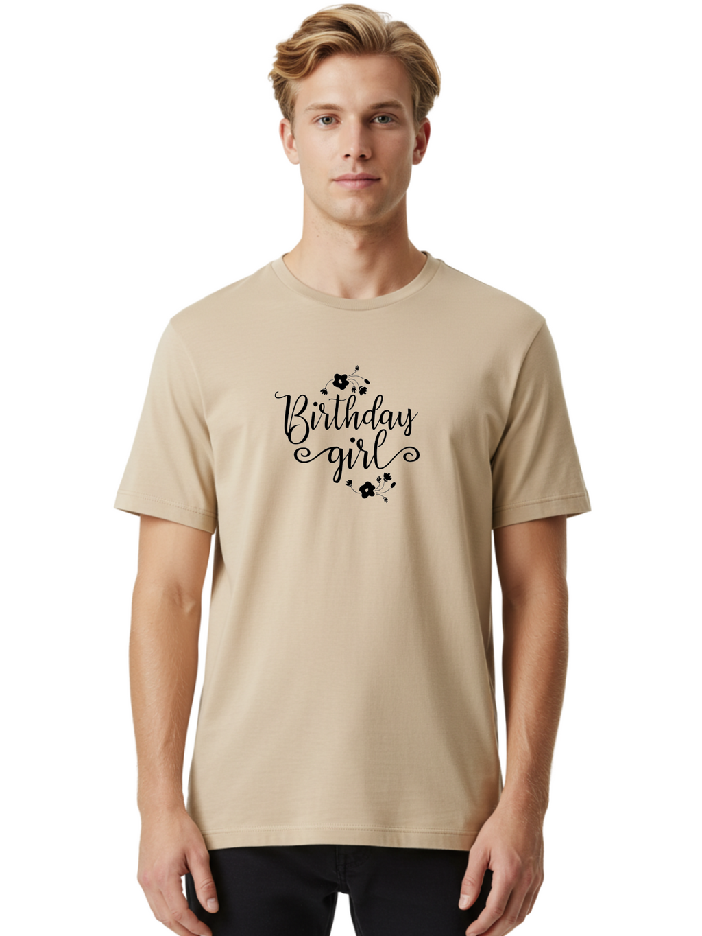 Birthday-Girl Men'S Graphic Tee, 100% Cotton, Comfortable Casual Summer Wear, Machine Washable, Birthday Girl, Black Lettering, Floral Design, Celebratory Theme, Elegant Typography, Special Occasion, Flowers, Birthday Wishes Aac515
