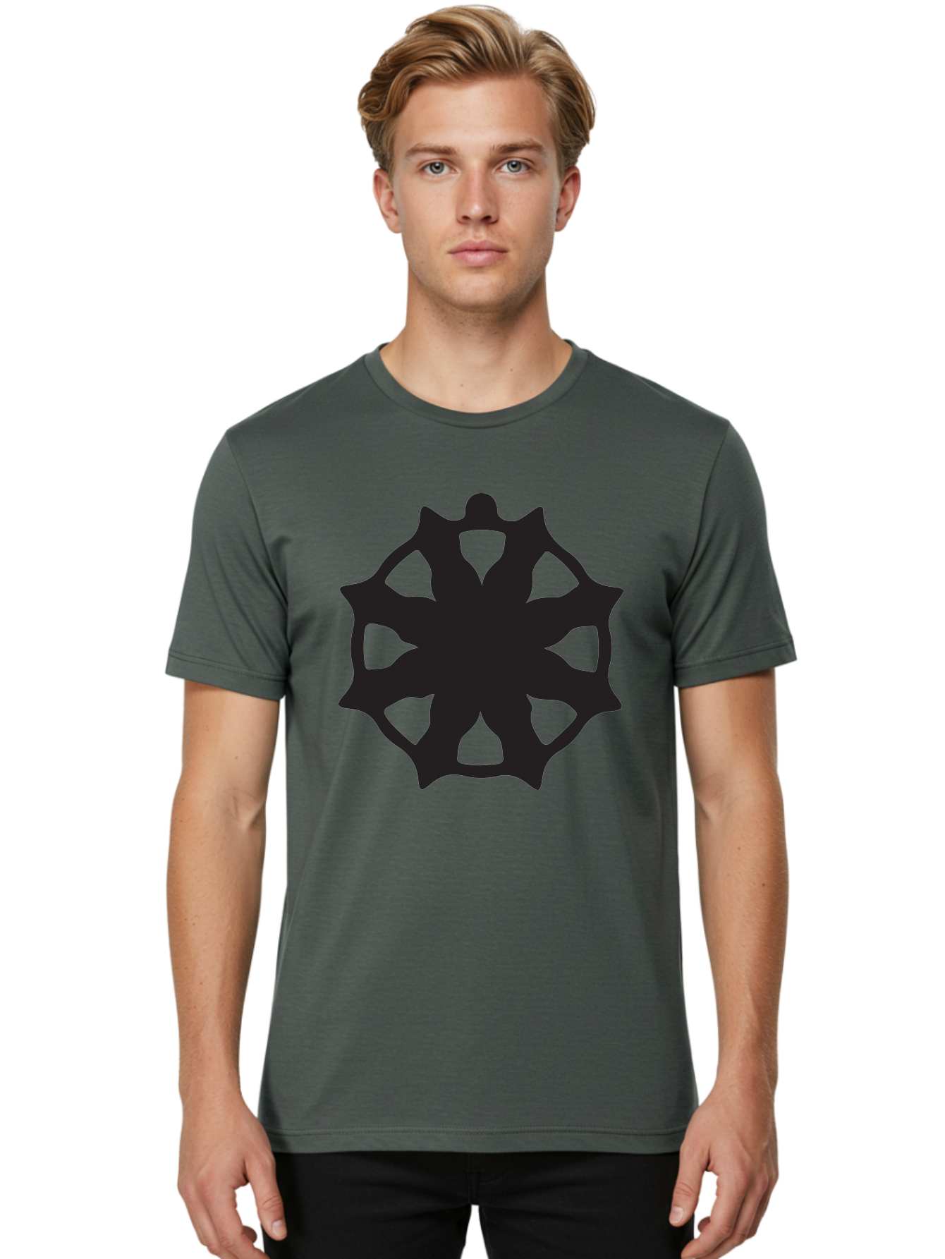 Black-Abstract-Symbol Men'S Graphic Tee, 100% Cotton, Comfortable Casual Summer Wear, Machine Washable, Asterisk Symbol, Star Shape, Geometric Pattern, Abstract Design, Symmetrical Shape, Black Silhouette Aac516