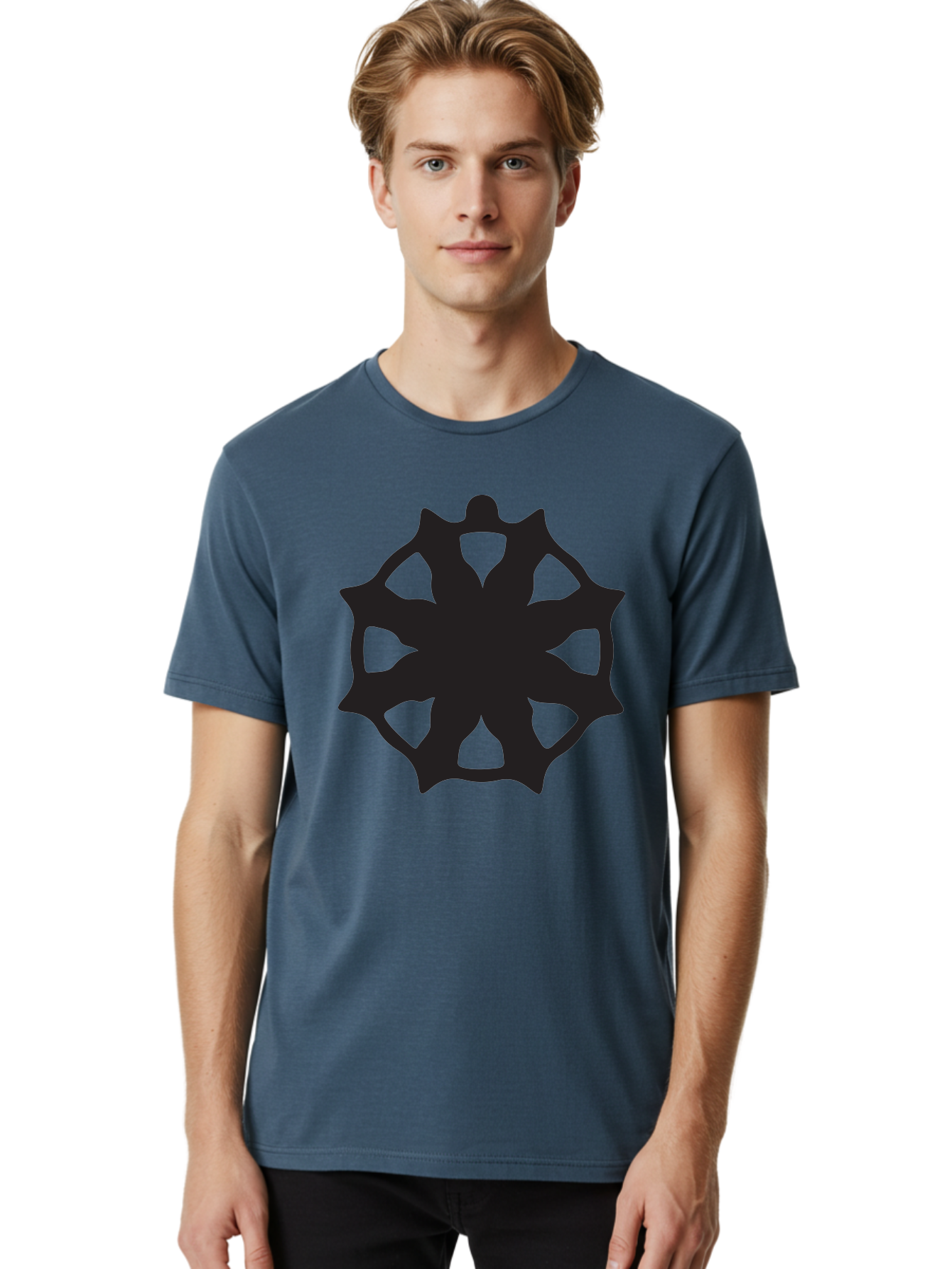 Black-Abstract-Symbol Men'S Graphic Tee, 100% Cotton, Comfortable Casual Summer Wear, Machine Washable, Asterisk Symbol, Star Shape, Geometric Pattern, Abstract Design, Symmetrical Shape, Black Silhouette Aac516