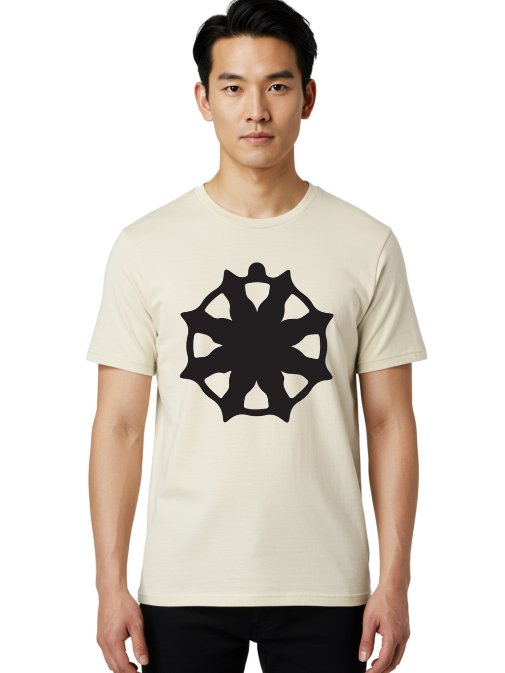 Black-Abstract-Symbol Men'S Graphic Tee, 100% Cotton, Comfortable Casual Summer Wear, Machine Washable, Asterisk Symbol, Star Shape, Geometric Pattern, Abstract Design, Symmetrical Shape, Black Silhouette Aac516