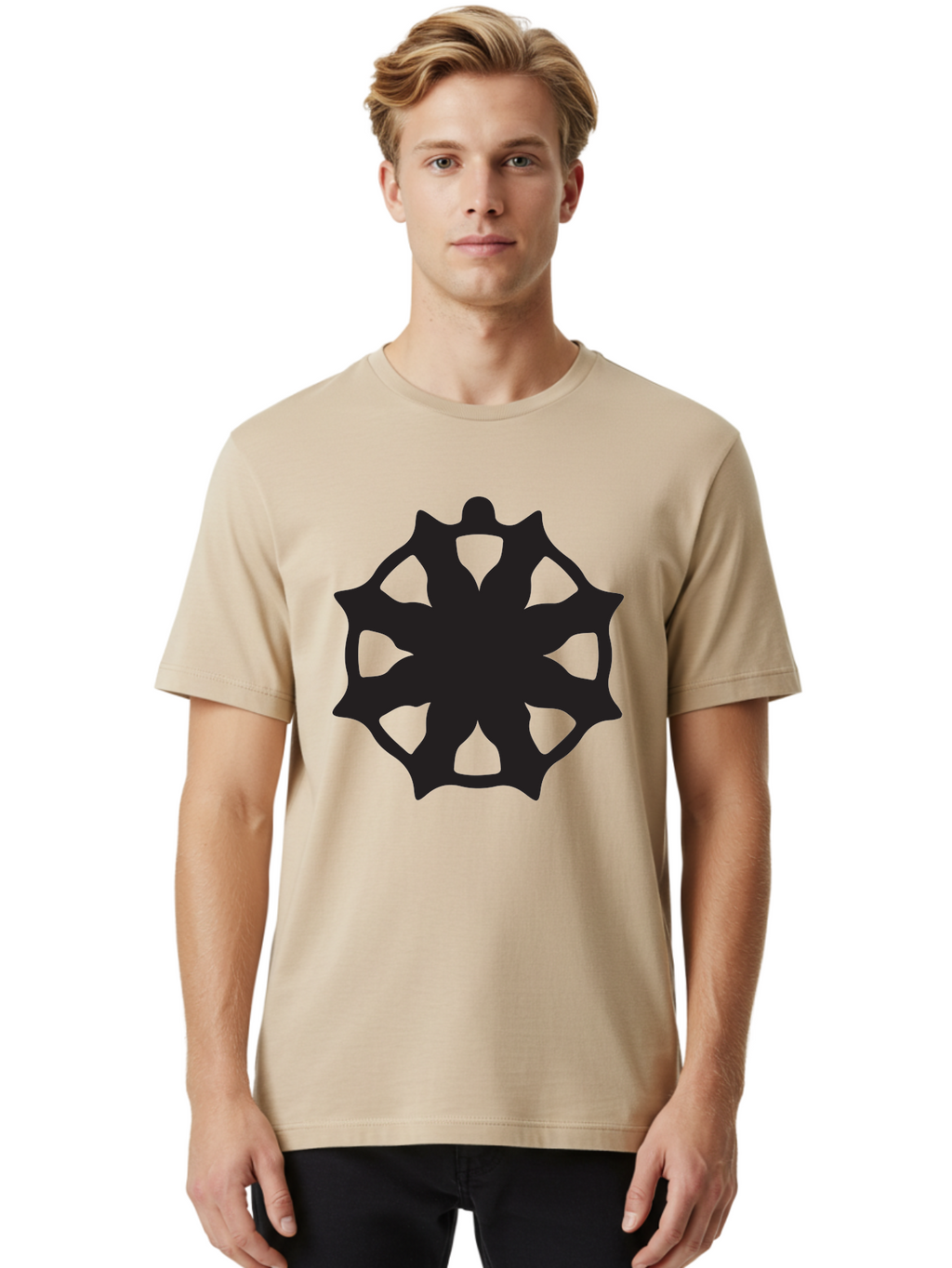 Black-Abstract-Symbol Men'S Graphic Tee, 100% Cotton, Comfortable Casual Summer Wear, Machine Washable, Asterisk Symbol, Star Shape, Geometric Pattern, Abstract Design, Symmetrical Shape, Black Silhouette Aac516