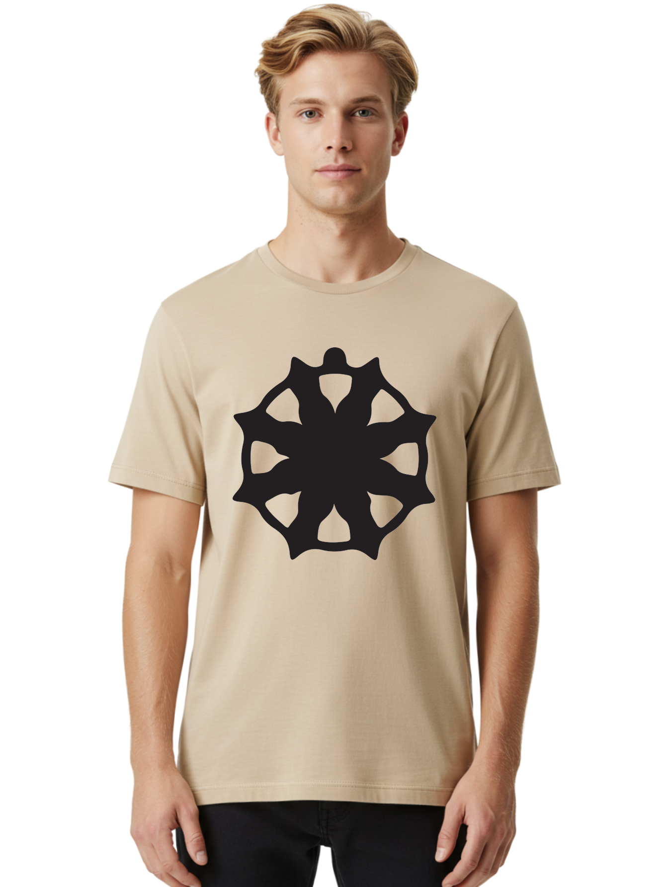 Black-Abstract-Symbol Men'S Graphic Tee, 100% Cotton, Comfortable Casual Summer Wear, Machine Washable, Asterisk Symbol, Star Shape, Geometric Pattern, Abstract Design, Symmetrical Shape, Black Silhouette Aac516