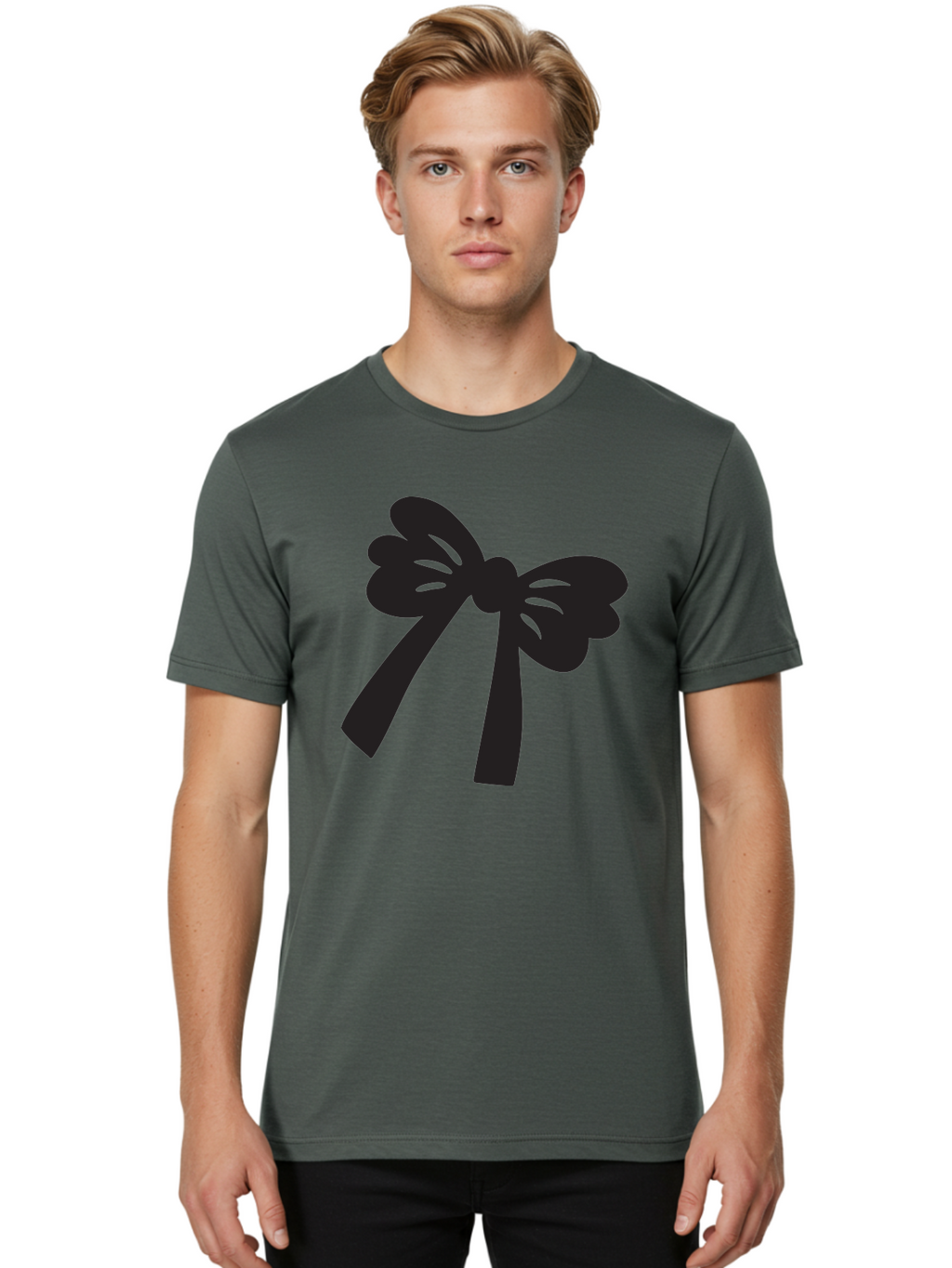 Black-Bow Men'S Graphic Tee, 100% Cotton, Comfortable Casual Summer Wear, Machine Washable, Black Bow Ribbon, Elegant Design, Minimalist Style, Decorative Element, Gift Wrapping, Fashion Accessory, Simple Graphics Aac517