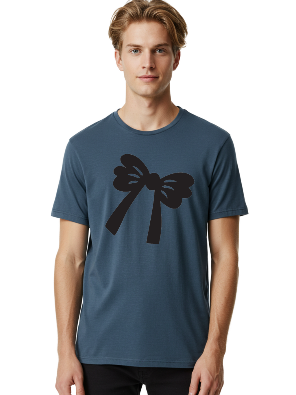 Black-Bow Men'S Graphic Tee, 100% Cotton, Comfortable Casual Summer Wear, Machine Washable, Black Bow Ribbon, Elegant Design, Minimalist Style, Decorative Element, Gift Wrapping, Fashion Accessory, Simple Graphics Aac517