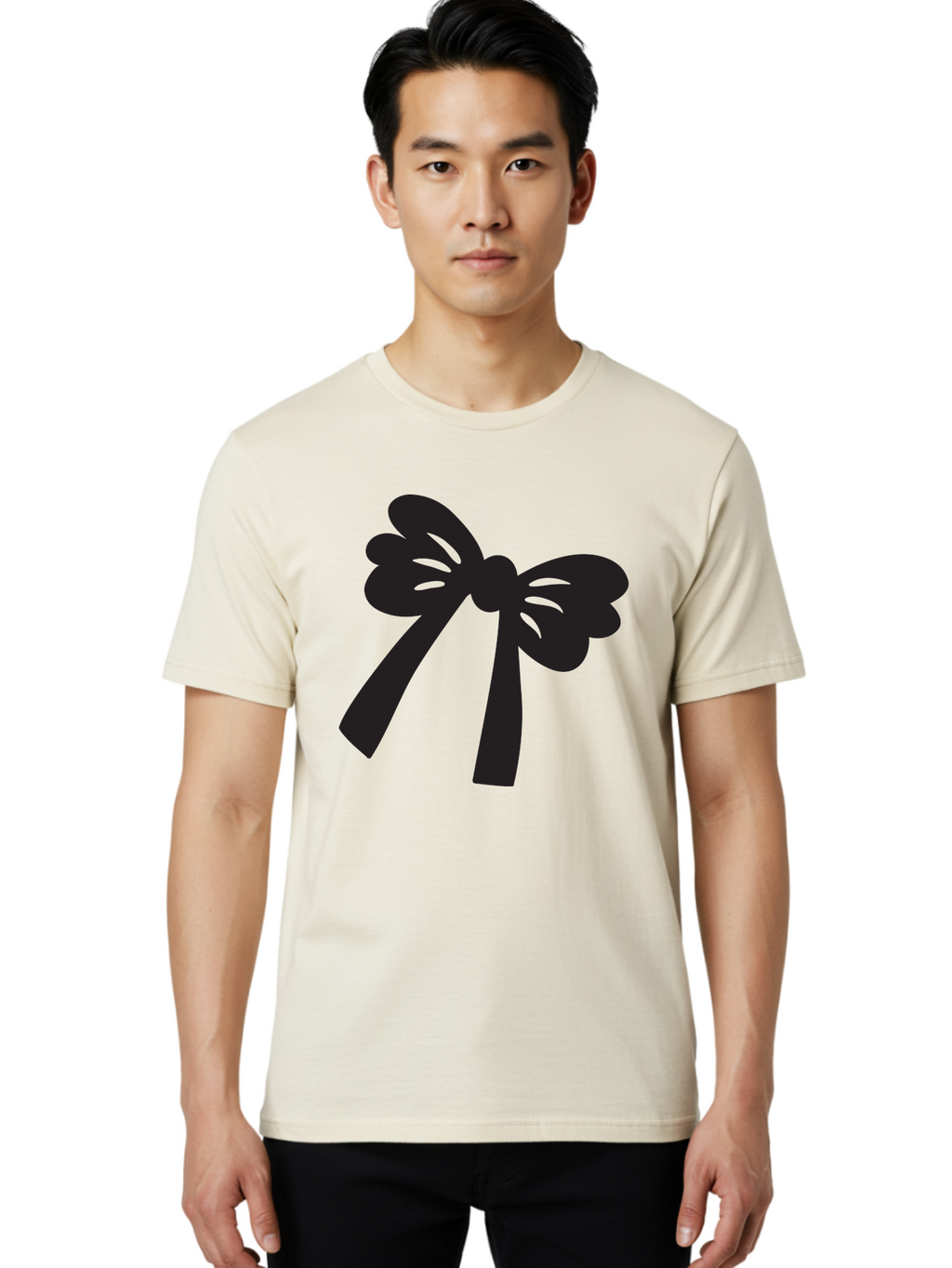 Black-Bow Men'S Graphic Tee, 100% Cotton, Comfortable Casual Summer Wear, Machine Washable, Black Bow Ribbon, Elegant Design, Minimalist Style, Decorative Element, Gift Wrapping, Fashion Accessory, Simple Graphics Aac517