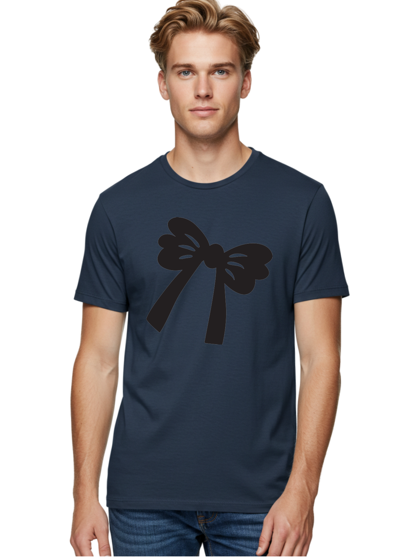 Black-Bow Men'S Graphic Tee, 100% Cotton, Comfortable Casual Summer Wear, Machine Washable, Black Bow Ribbon, Elegant Design, Minimalist Style, Decorative Element, Gift Wrapping, Fashion Accessory, Simple Graphics Aac517