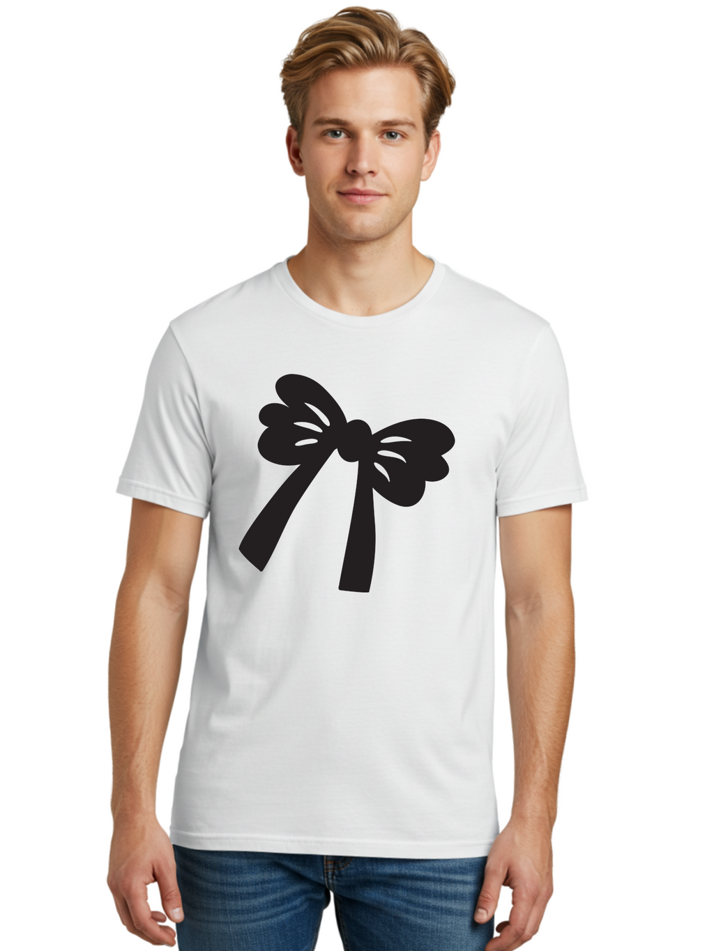 Black-Bow Men'S Graphic Tee, 100% Cotton, Comfortable Casual Summer Wear, Machine Washable, Black Bow Ribbon, Elegant Design, Minimalist Style, Decorative Element, Gift Wrapping, Fashion Accessory, Simple Graphics Aac517