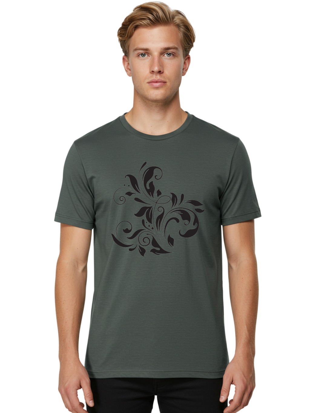 Black-Floral-Pattern Men'S Graphic Tee, 100% Cotton, Comfortable Casual Summer Wear, Machine Washable, Black Floral Pattern, Swirling Leaves, Ornate Design, Decorative Elements, Intricate Details, Elegant Graphics Aac519