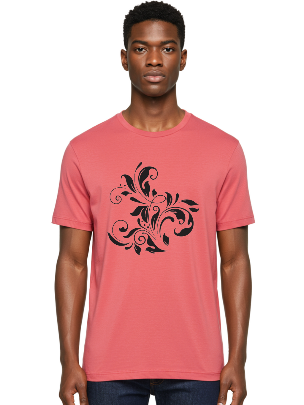 Black-Floral-Pattern Men'S Graphic Tee, 100% Cotton, Comfortable Casual Summer Wear, Machine Washable, Black Floral Pattern, Swirling Leaves, Ornate Design, Decorative Elements, Intricate Details, Elegant Graphics Aac519