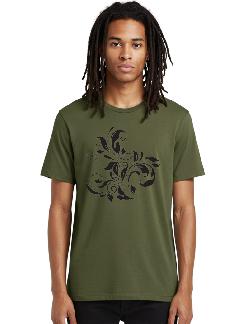 Black-Floral-Pattern Men'S Graphic Tee, 100% Cotton, Comfortable Casual Summer Wear, Machine Washable, Black Floral Pattern, Swirling Leaves, Ornate Design, Decorative Elements, Intricate Details, Elegant Graphics Aac519