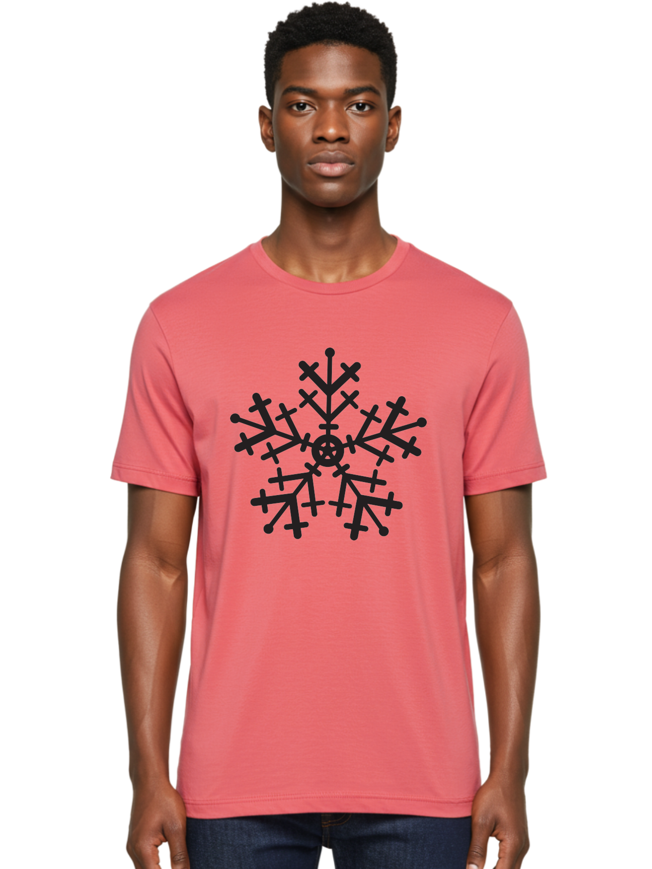 Black-Snowflake Men'S Graphic Tee, 100% Cotton, Comfortable Casual Summer Wear, Machine Washable, Snowflake Design, Winter Wonderland, Frosty Pattern, Symmetrical Shape, Icy Charm, Festive Decoration, Seasonal Symbol, Cold Weather Aac520