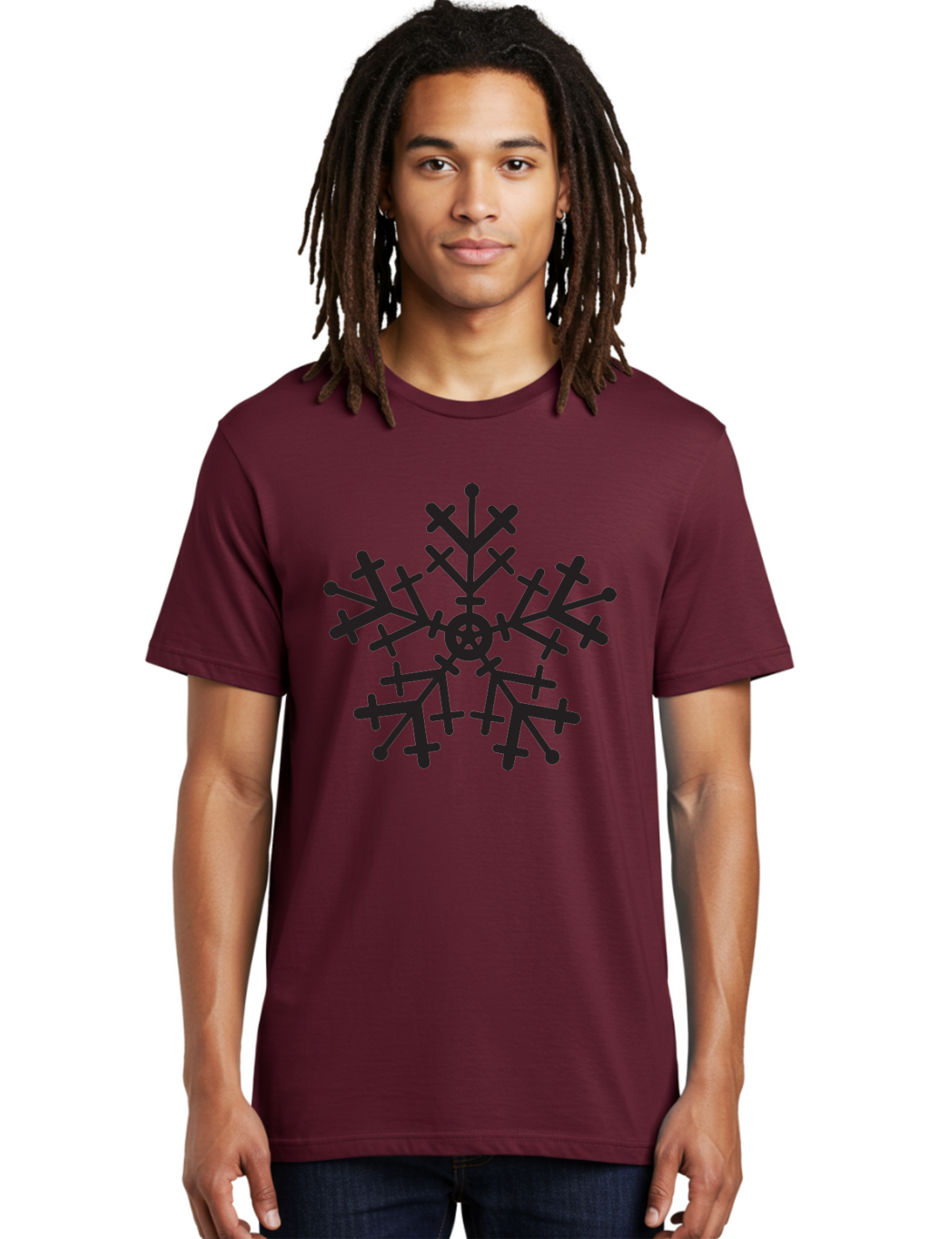 Black-Snowflake Men'S Graphic Tee, 100% Cotton, Comfortable Casual Summer Wear, Machine Washable, Snowflake Design, Winter Wonderland, Frosty Pattern, Symmetrical Shape, Icy Charm, Festive Decoration, Seasonal Symbol, Cold Weather Aac520