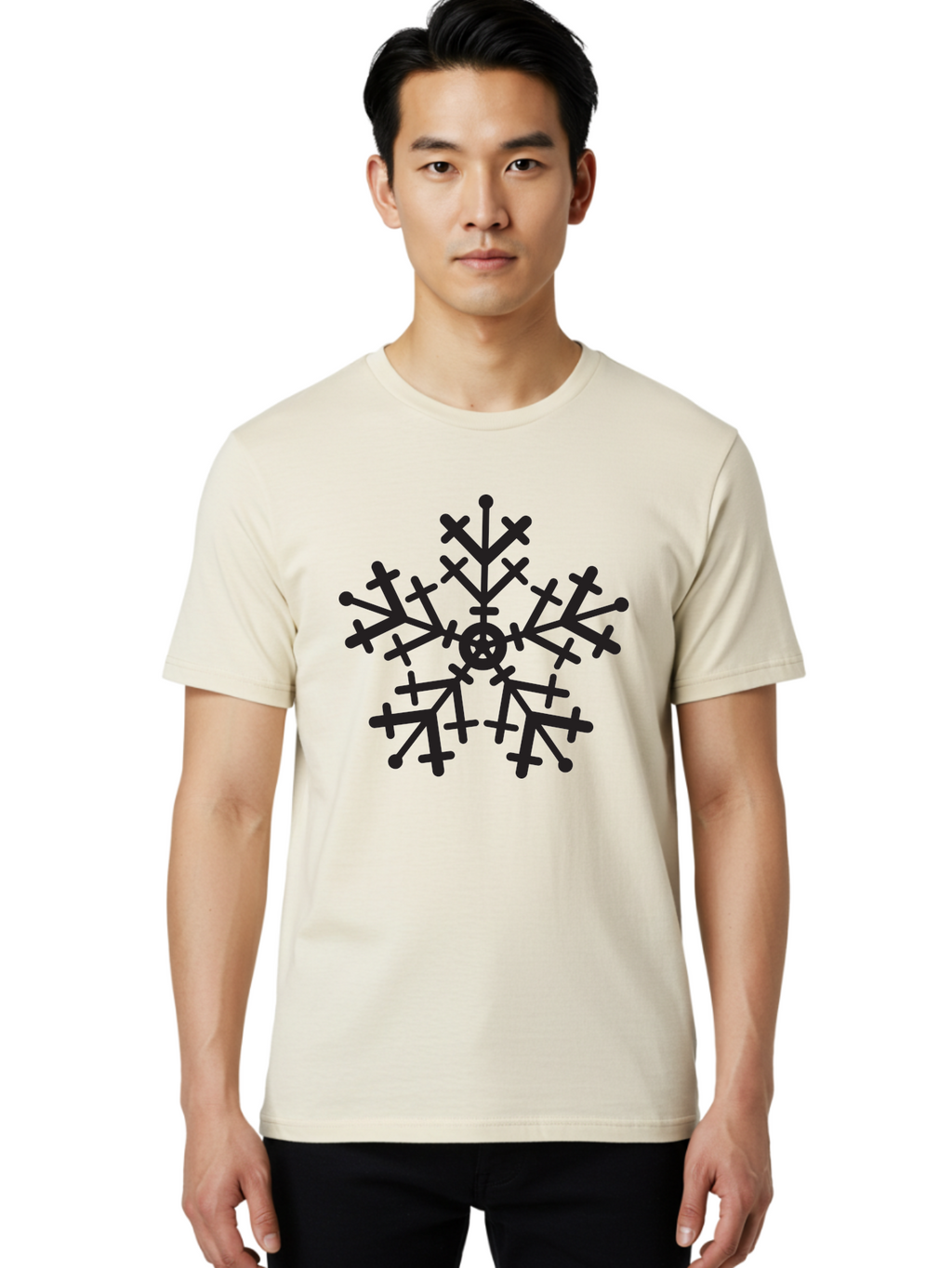 Black-Snowflake Men'S Graphic Tee, 100% Cotton, Comfortable Casual Summer Wear, Machine Washable, Snowflake Design, Winter Wonderland, Frosty Pattern, Symmetrical Shape, Icy Charm, Festive Decoration, Seasonal Symbol, Cold Weather Aac520