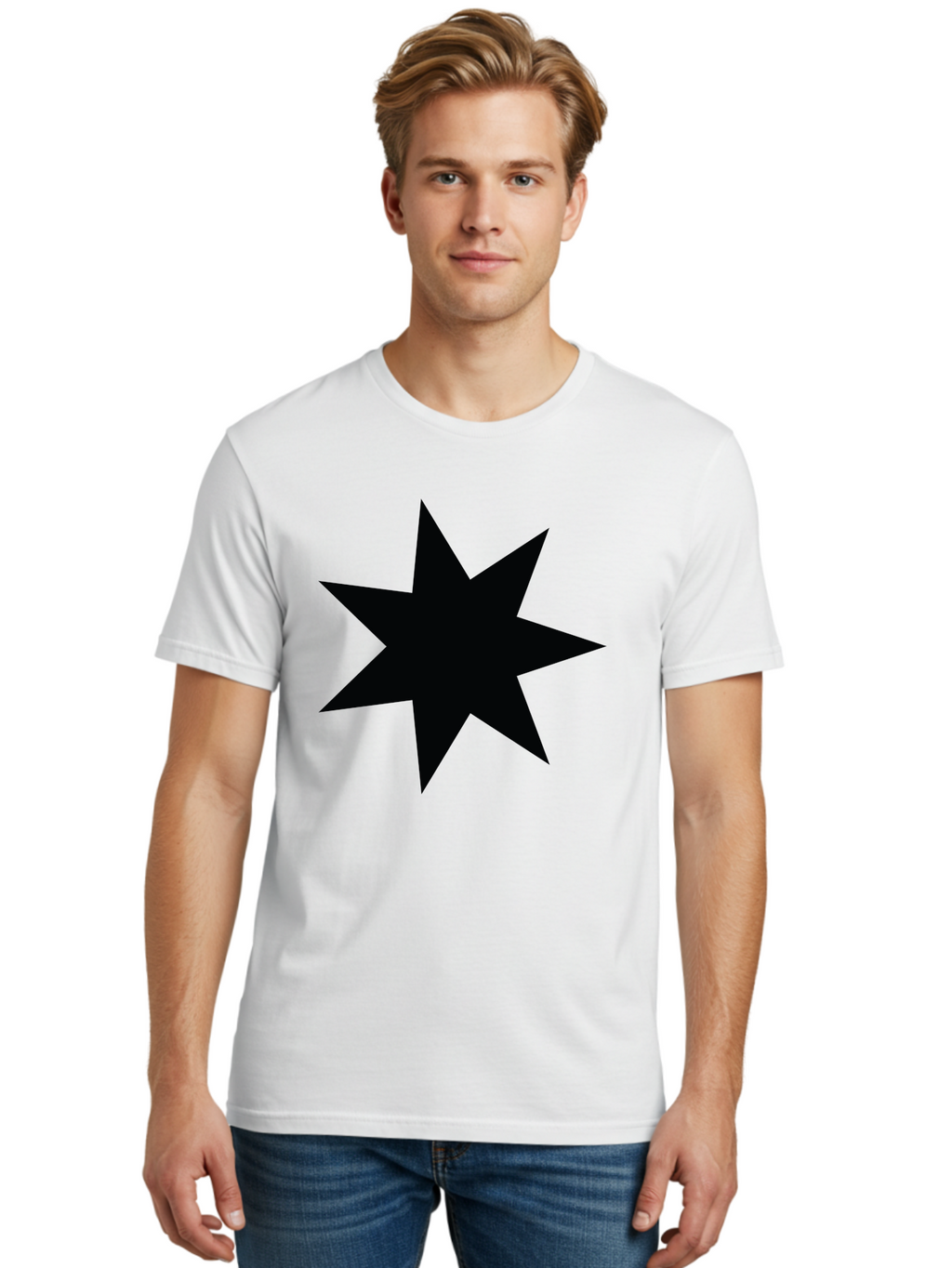 Black-Star-1 Men'S Graphic Tee, 100% Cotton, Comfortable Casual Summer Wear, Machine Washable, Eight Pointed Star, Black Star, Star Graphic, Bold Shape, Geometric Design, Symmetrical Pattern, Star Symbol Aac521
