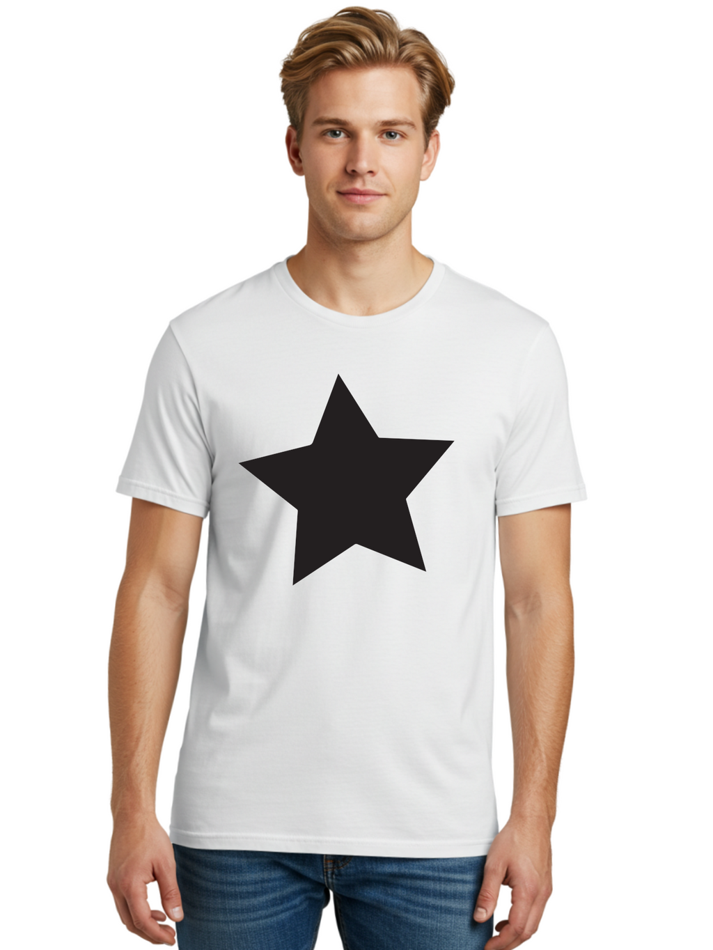 Black-Star Men'S Graphic Tee, 100% Cotton, Comfortable Casual Summer Wear, Machine Washable, Five-Pointed Star, Black Star, Bold Graphic, Simple Design, Minimalist Style, Star Symbol, Iconic Shape Aac522