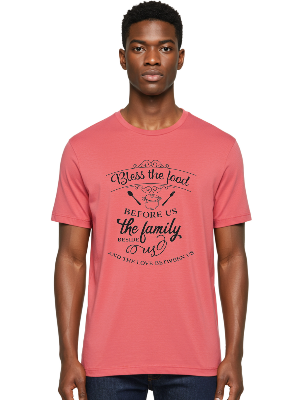 Bless-The-Food Men'S Graphic Tee, 100% Cotton, Comfortable Casual Summer Wear, Machine Washable, Family Dinner Quote, Blessing Before Meal, Gratitude, Love, Family Bonding, Kitchen Decor, Inspirational Quote, Cooking Together, Dinner Time, Aac523