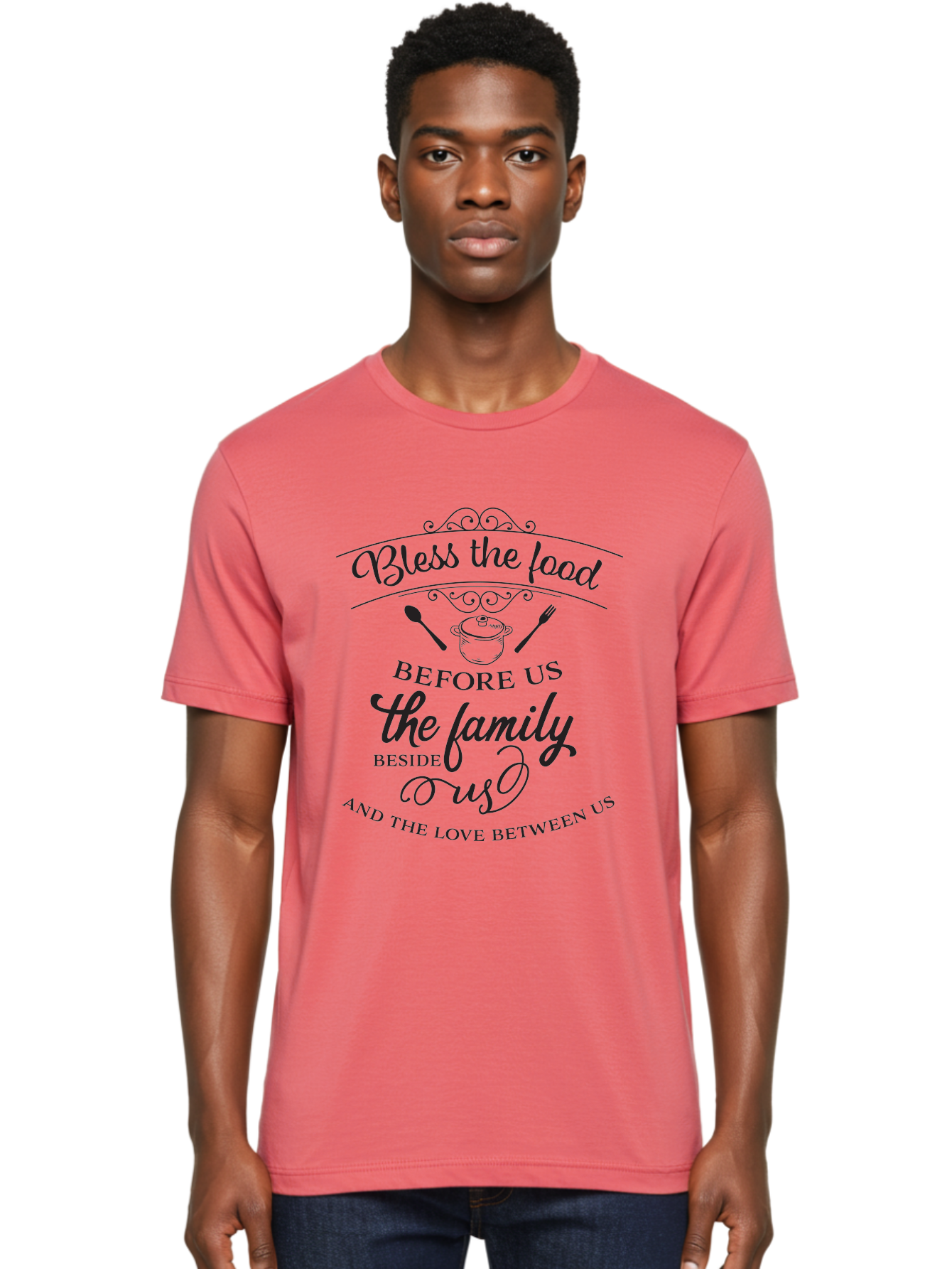 Bless-The-Food Men'S Graphic Tee, 100% Cotton, Comfortable Casual Summer Wear, Machine Washable, Family Dinner Quote, Blessing Before Meal, Gratitude, Love, Family Bonding, Kitchen Decor, Inspirational Quote, Cooking Together, Dinner Time, Aac523