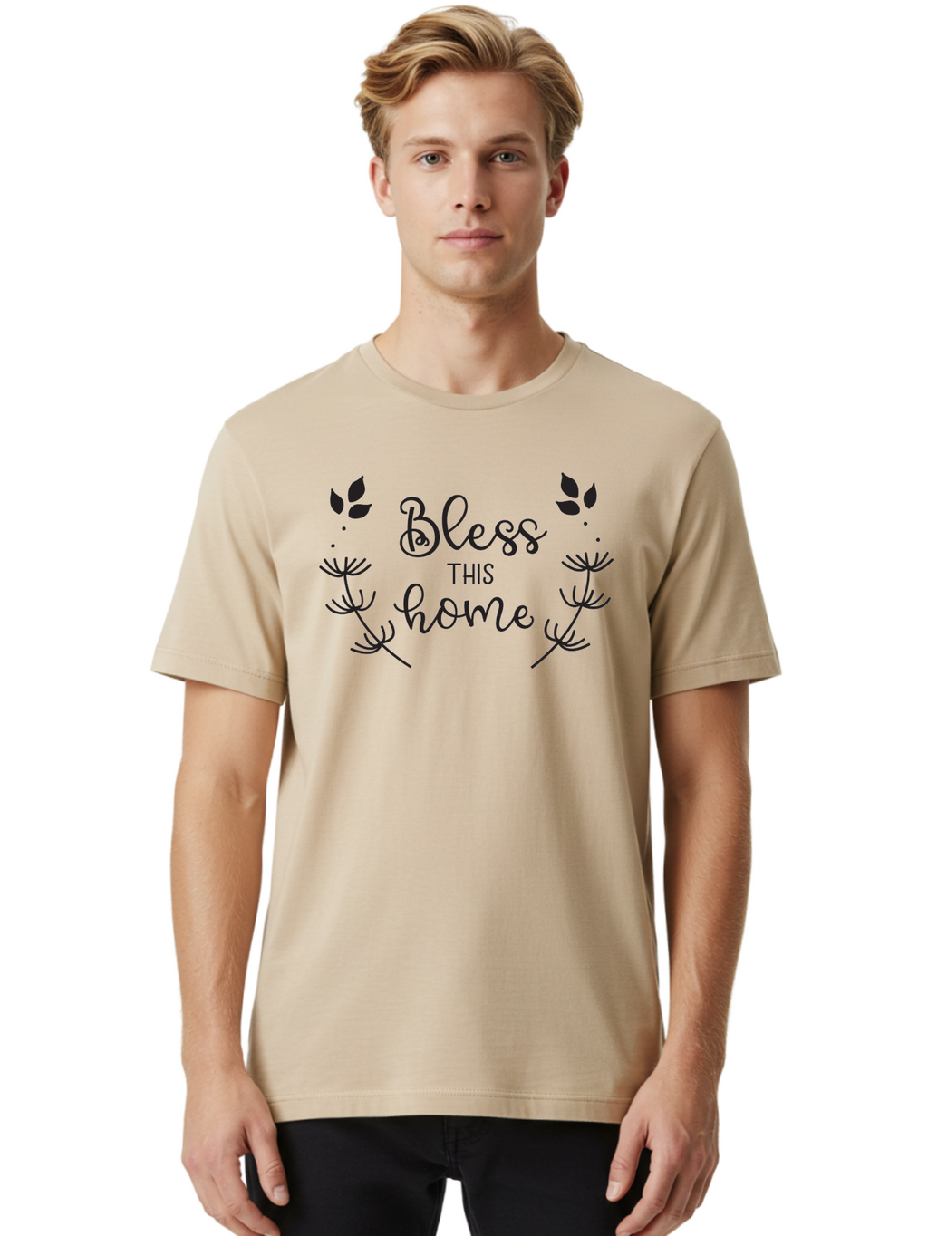 Bless-This-Home Men'S Graphic Tee, 100% Cotton, Comfortable Casual Summer Wear, Machine Washable, Bless This Home, Home Decor, Inspirational Quote, Floral Design, Dandelion Graphics, Home Blessing, Positive Vibes, Wall Art, Motivational Quote, Aac524