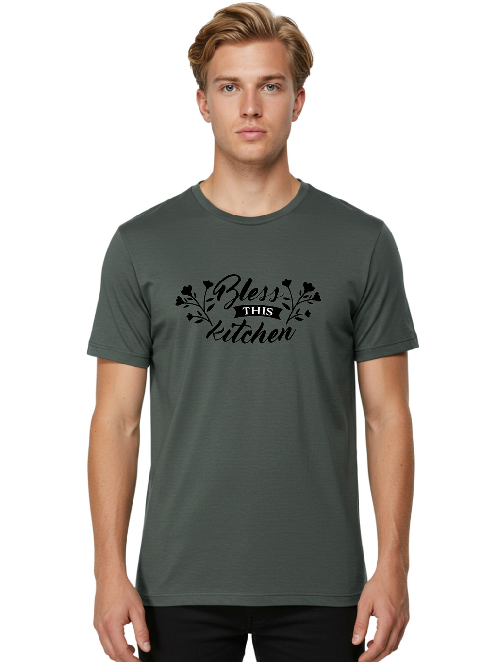 Bless-This-Kitchen Men'S Graphic Tee, 100% Cotton, Comfortable Casual Summer Wear, Machine Washable, Kitchen Decor, Floral Designs, Inspirational Quotes, Home Blessings, Kitchen Wall Art, Cursive Text, Kitchen Decor Ideas, Home Decor, Aac525