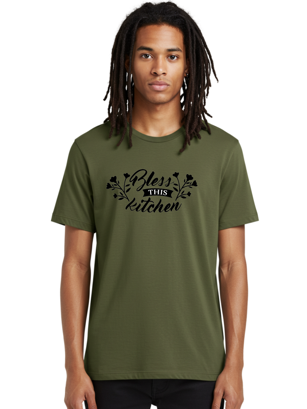 Bless-This-Kitchen Men'S Graphic Tee, 100% Cotton, Comfortable Casual Summer Wear, Machine Washable, Kitchen Decor, Floral Designs, Inspirational Quotes, Home Blessings, Kitchen Wall Art, Cursive Text, Kitchen Decor Ideas, Home Decor, Aac525