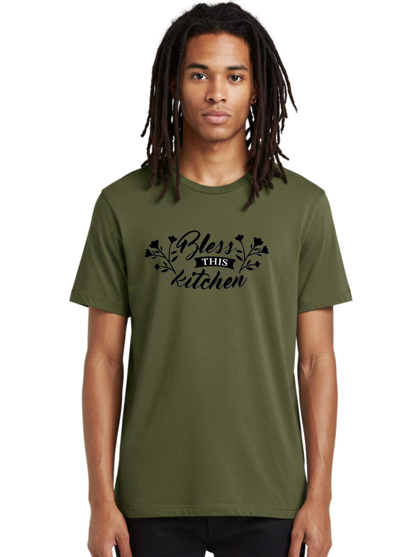 Bless-This-Kitchen Men'S Graphic Tee, 100% Cotton, Comfortable Casual Summer Wear, Machine Washable, Kitchen Decor, Floral Designs, Inspirational Quotes, Home Blessings, Kitchen Wall Art, Cursive Text, Kitchen Decor Ideas, Home Decor, Aac525