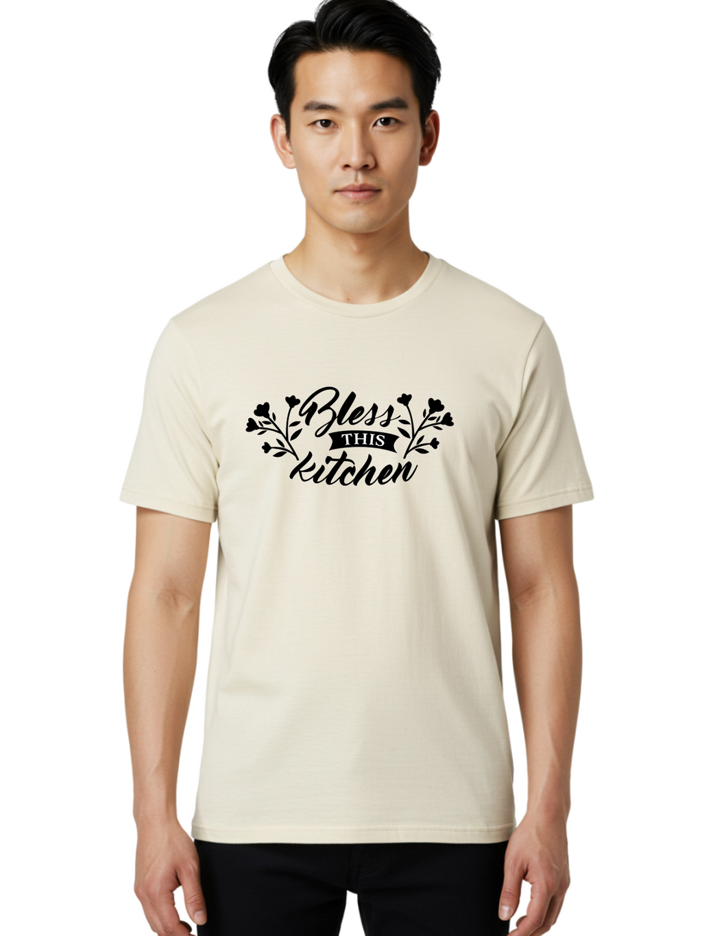 Bless-This-Kitchen Men'S Graphic Tee, 100% Cotton, Comfortable Casual Summer Wear, Machine Washable, Kitchen Decor, Floral Designs, Inspirational Quotes, Home Blessings, Kitchen Wall Art, Cursive Text, Kitchen Decor Ideas, Home Decor, Aac525