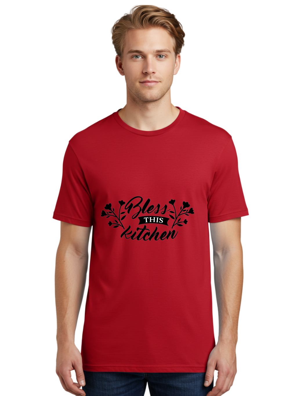Bless-This-Kitchen Men'S Graphic Tee, 100% Cotton, Comfortable Casual Summer Wear, Machine Washable, Kitchen Decor, Floral Designs, Inspirational Quotes, Home Blessings, Kitchen Wall Art, Cursive Text, Kitchen Decor Ideas, Home Decor, Aac525