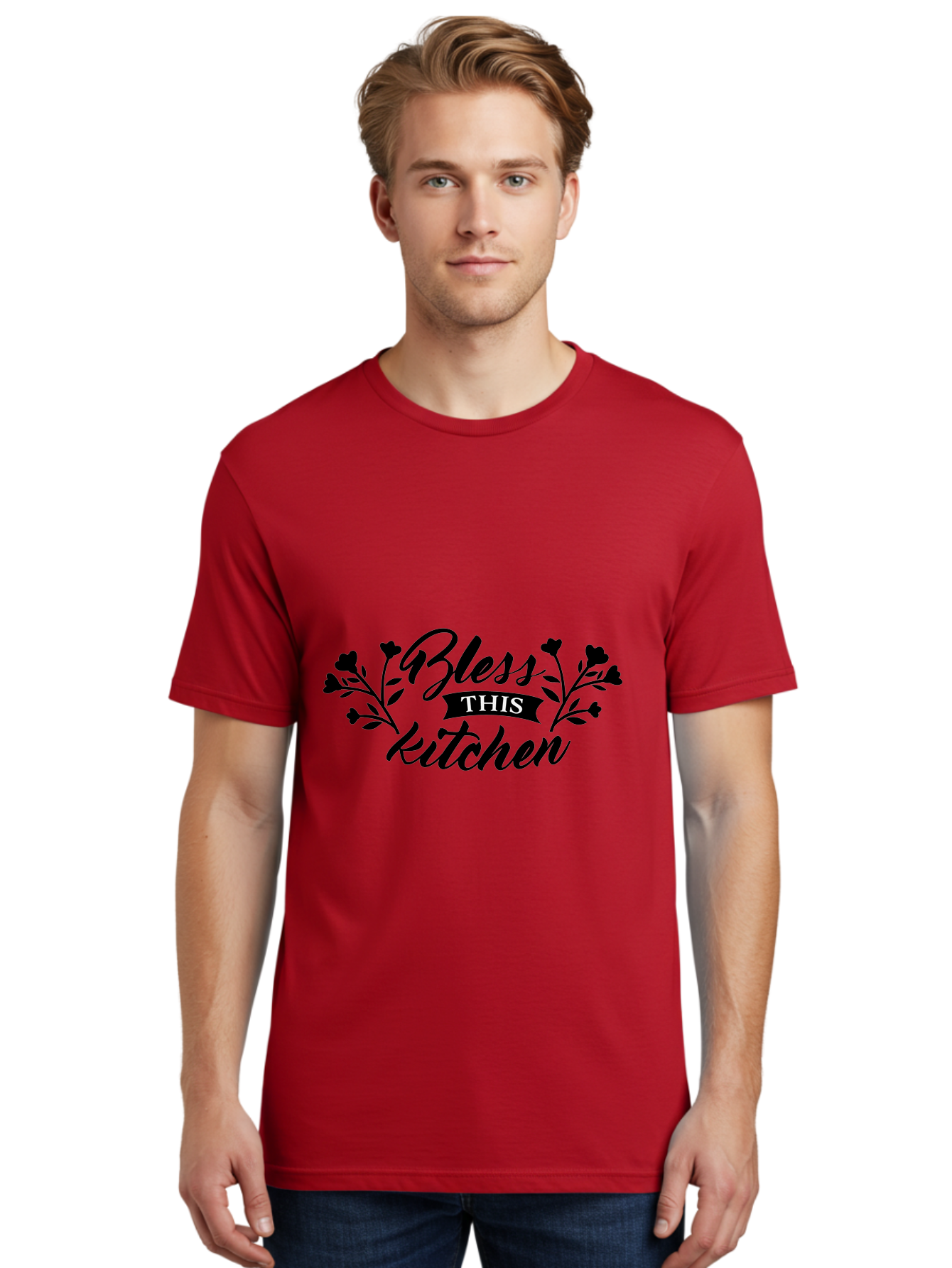 Bless-This-Kitchen Men'S Graphic Tee, 100% Cotton, Comfortable Casual Summer Wear, Machine Washable, Kitchen Decor, Floral Designs, Inspirational Quotes, Home Blessings, Kitchen Wall Art, Cursive Text, Kitchen Decor Ideas, Home Decor, Aac525