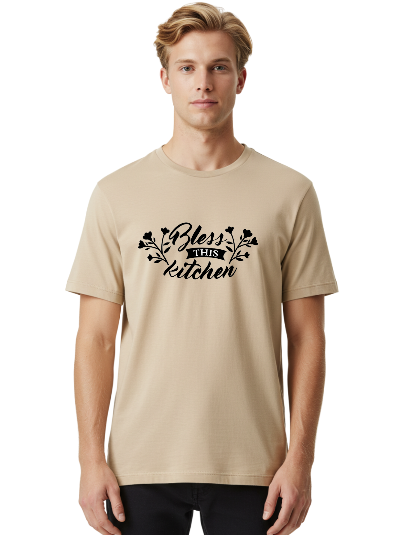 Bless-This-Kitchen Men'S Graphic Tee, 100% Cotton, Comfortable Casual Summer Wear, Machine Washable, Kitchen Decor, Floral Designs, Inspirational Quotes, Home Blessings, Kitchen Wall Art, Cursive Text, Kitchen Decor Ideas, Home Decor, Aac525