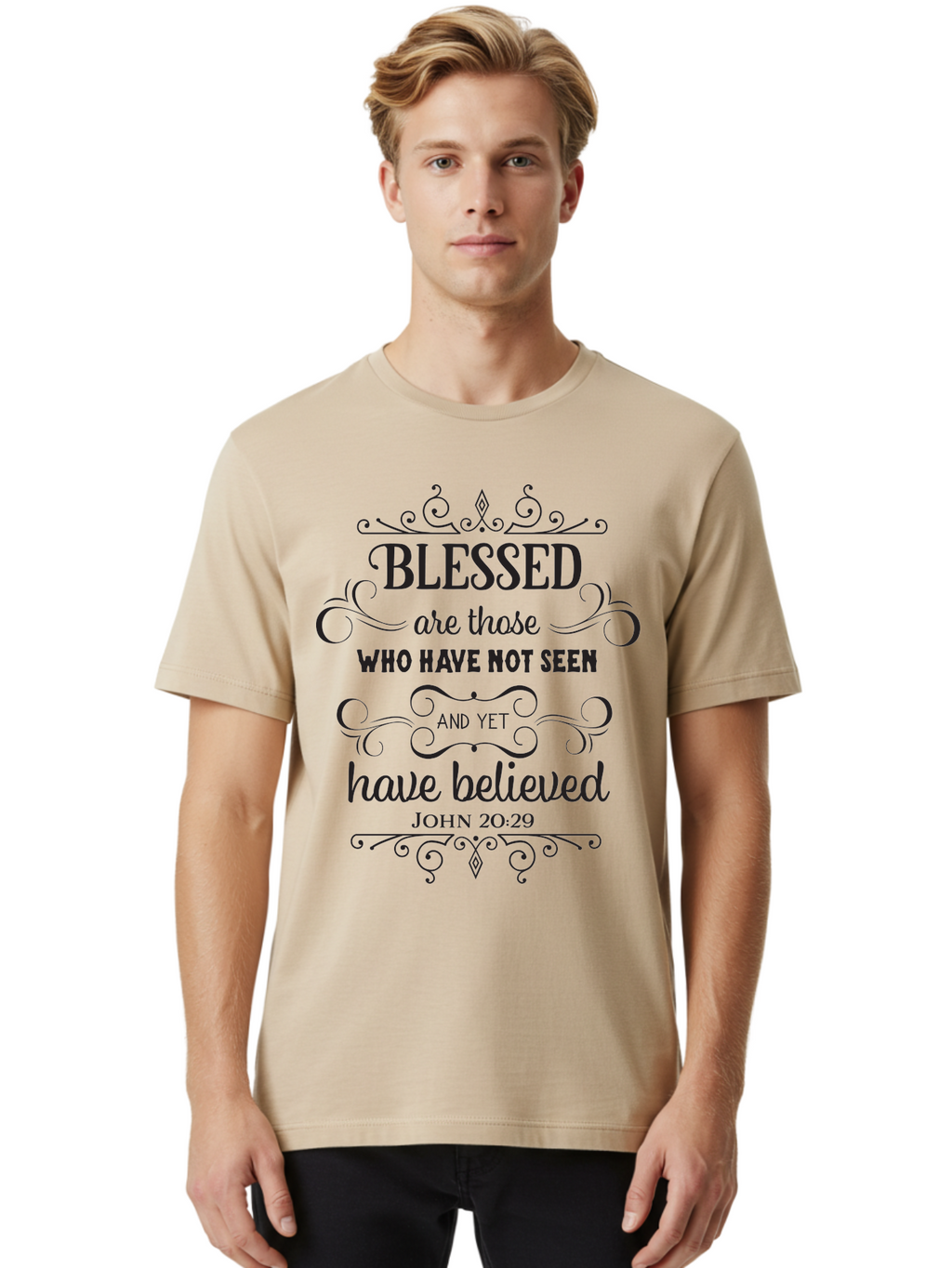 Blessed-Are-Those Men'S Graphic Tee, 100% Cotton, Comfortable Casual Summer Wear, Machine Washable, Inspirational Quote, Faith-Based Message, Biblical Scripture, John 20:29, Blessed Are Those Who Have Not Seen And Yet Have Believed, Aac526
