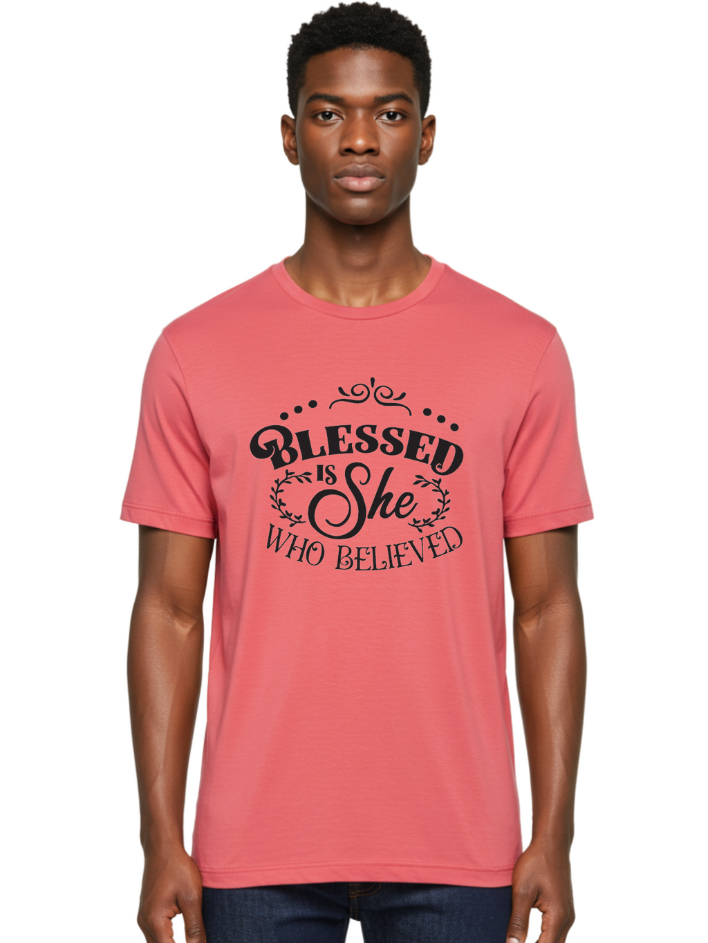 Blessed-Is-She-Who-Believed Men'S Graphic Tee, 100% Cotton, Comfortable Casual Summer Wear, Machine Washable, Inspirational Quote, Motivational Phrase, Blessed Is She Who Believed, Faith-Based Message, Positive Affirmation, Female Empowerment Aac527