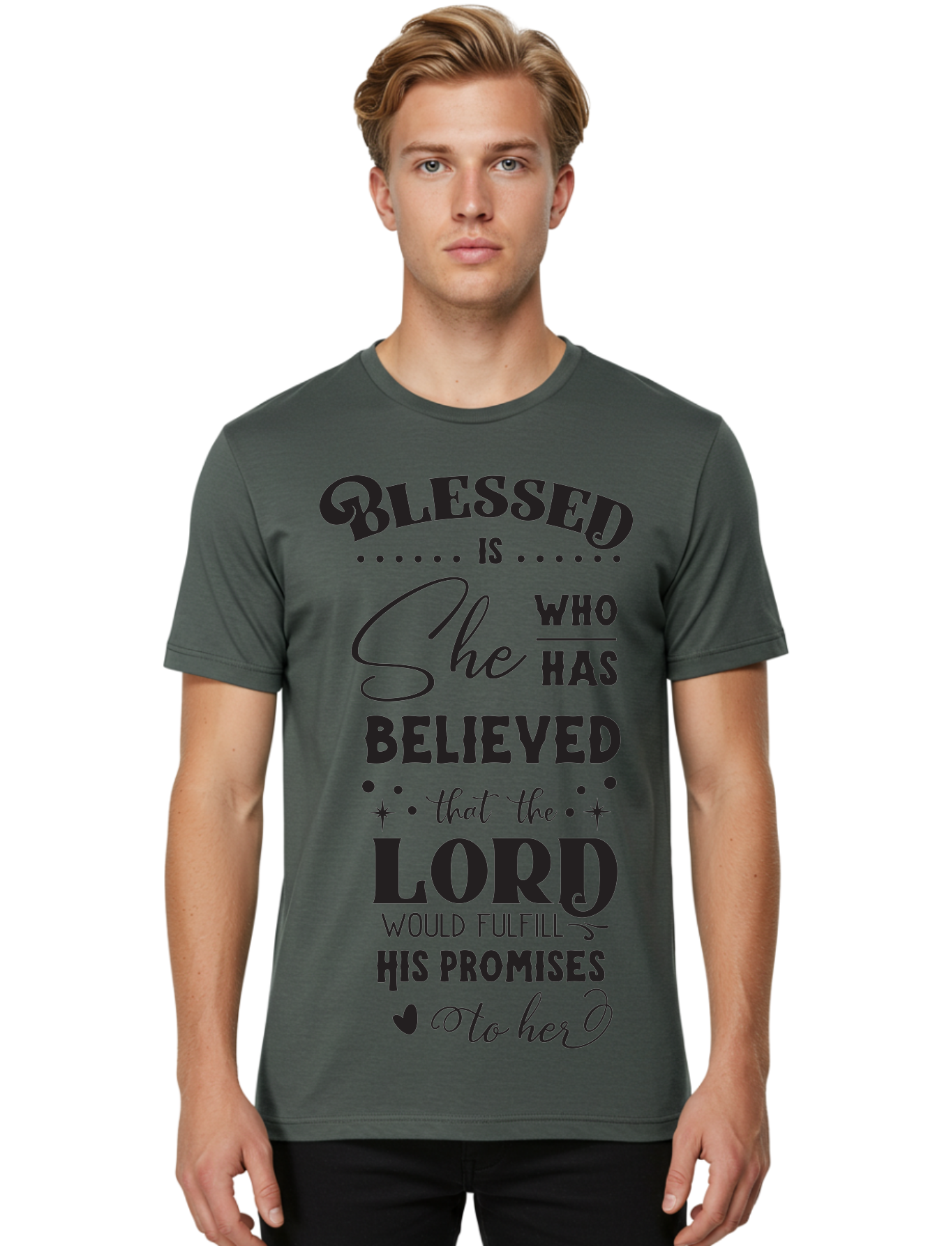 Blessed-Is-She Men'S Graphic Tee, 100% Cotton, Comfortable Casual Summer Wear, Machine Washable, Inspirational Quote, Motivational Saying, Faith-Based Message, Encouraging Words, Spiritual Guidance, Empowerment For Women, Christian Values, Aac528