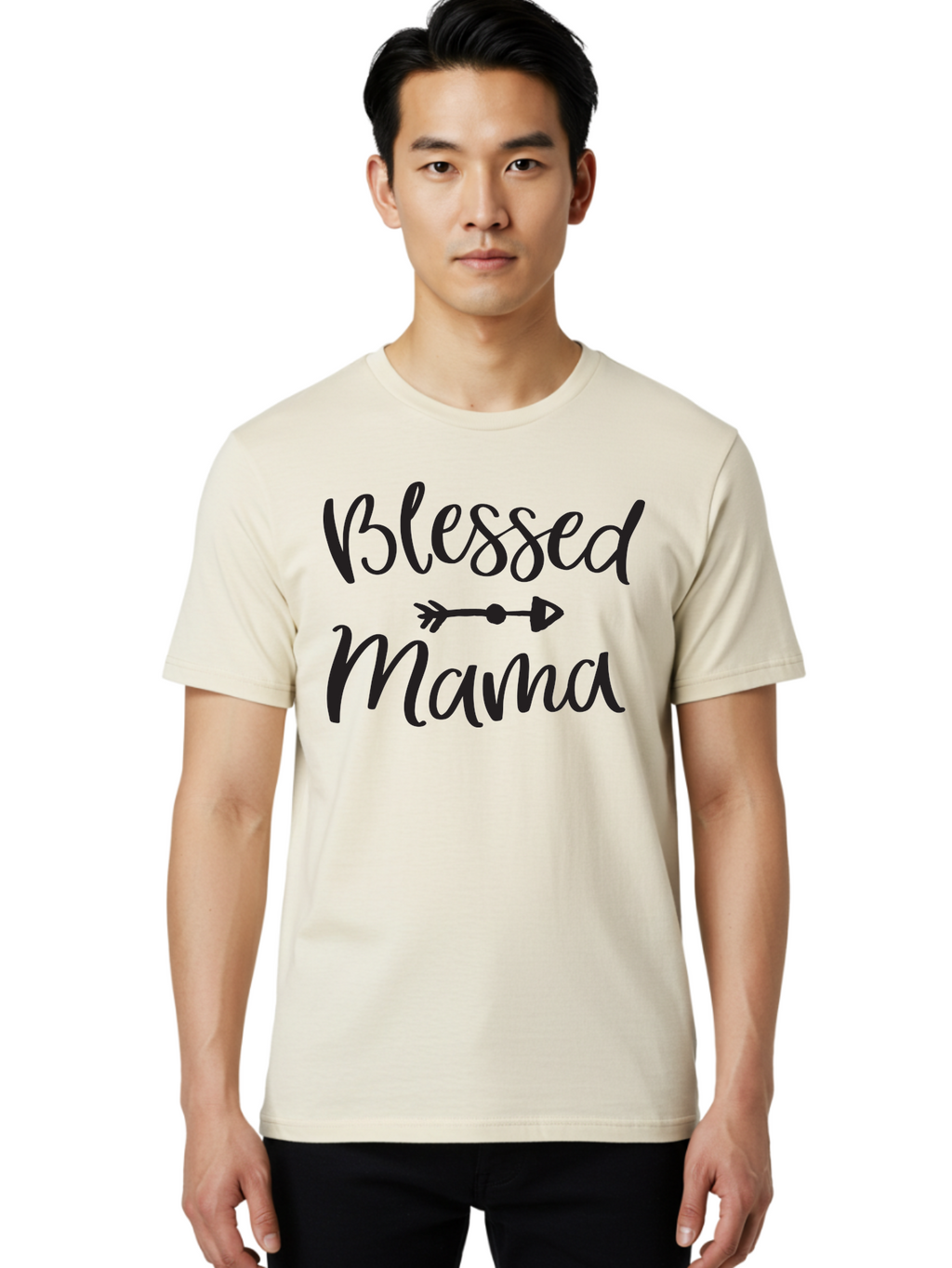 Blessed-Mama Men'S Graphic Tee, 100% Cotton, Comfortable Casual Summer Wear, Machine Washable, Blessed Mama, Inspirational Quote, Motivational Phrase, Arrow Symbol, Motherhood, Love, Positivity, Faith, Family Aac529