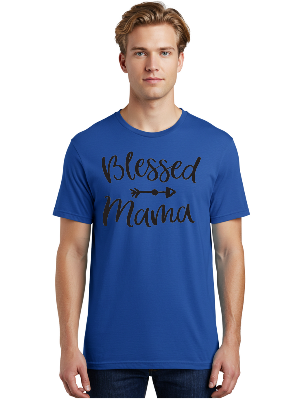 Blessed-Mama Men'S Graphic Tee, 100% Cotton, Comfortable Casual Summer Wear, Machine Washable, Blessed Mama, Inspirational Quote, Motivational Phrase, Arrow Symbol, Motherhood, Love, Positivity, Faith, Family Aac529