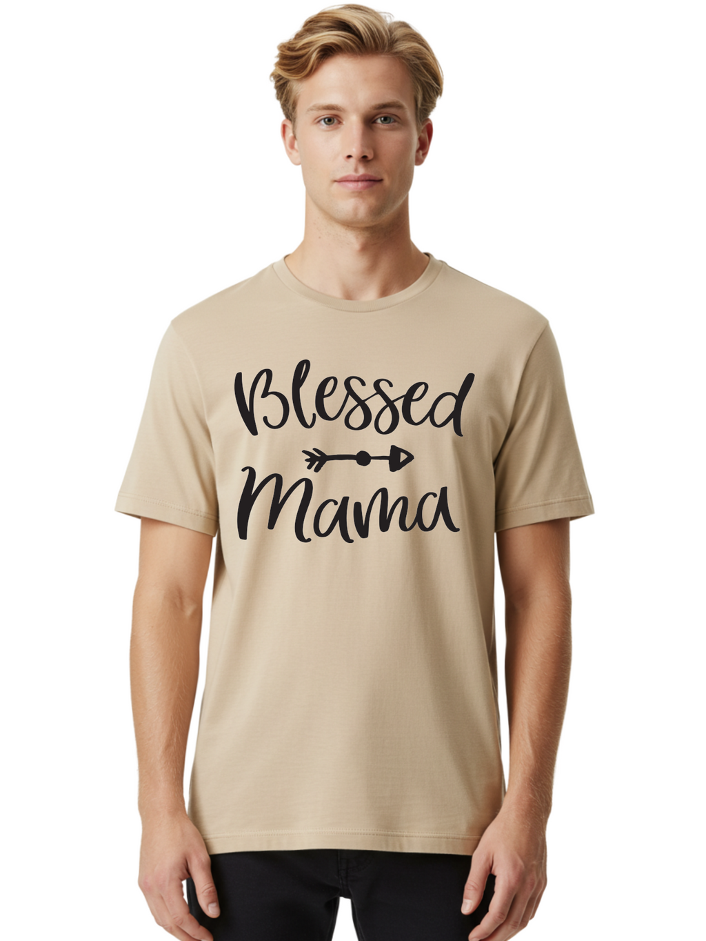 Blessed-Mama Men'S Graphic Tee, 100% Cotton, Comfortable Casual Summer Wear, Machine Washable, Blessed Mama, Inspirational Quote, Motivational Phrase, Arrow Symbol, Motherhood, Love, Positivity, Faith, Family Aac529