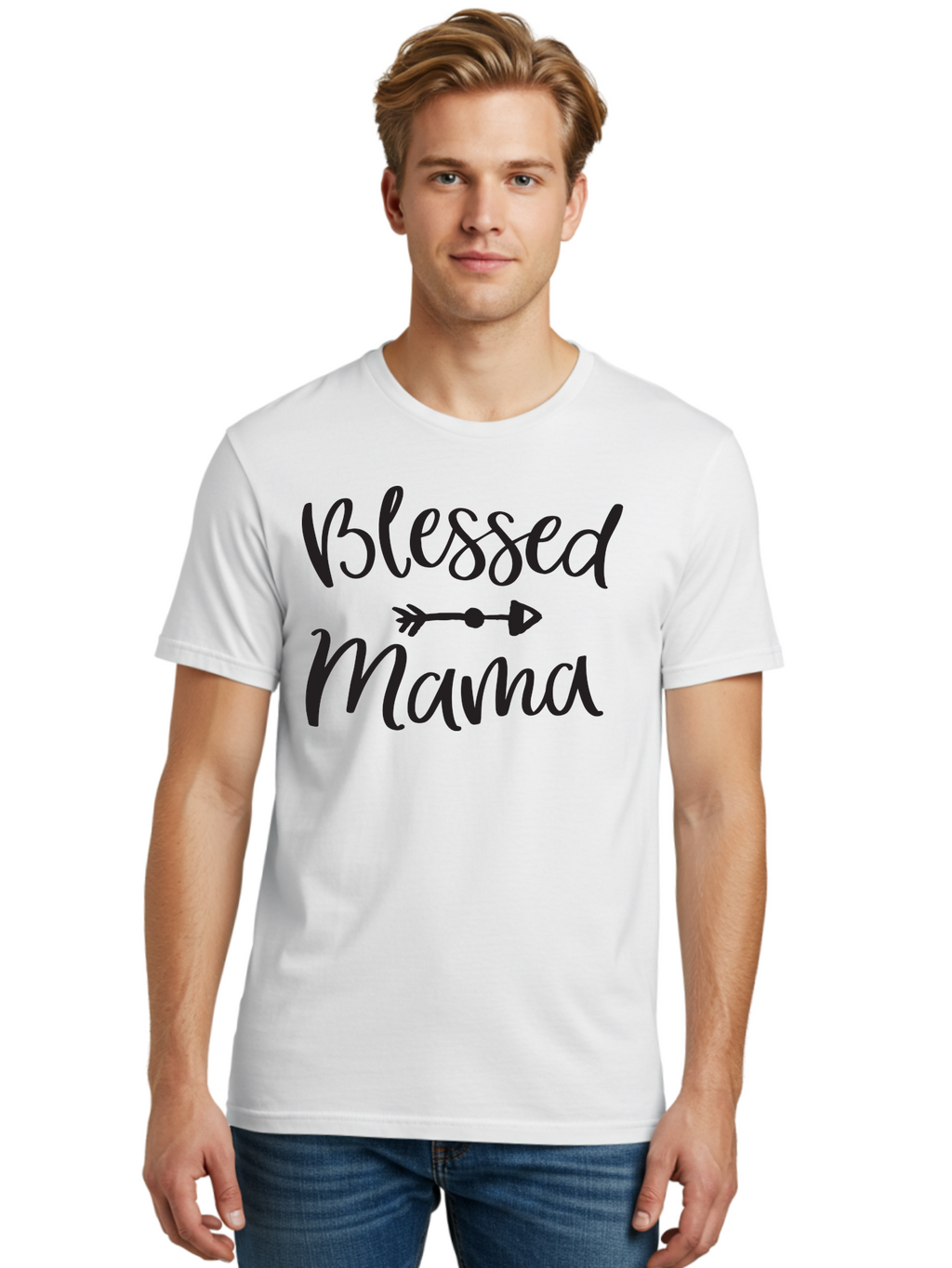 Blessed-Mama Men'S Graphic Tee, 100% Cotton, Comfortable Casual Summer Wear, Machine Washable, Blessed Mama, Inspirational Quote, Motivational Phrase, Arrow Symbol, Motherhood, Love, Positivity, Faith, Family Aac529