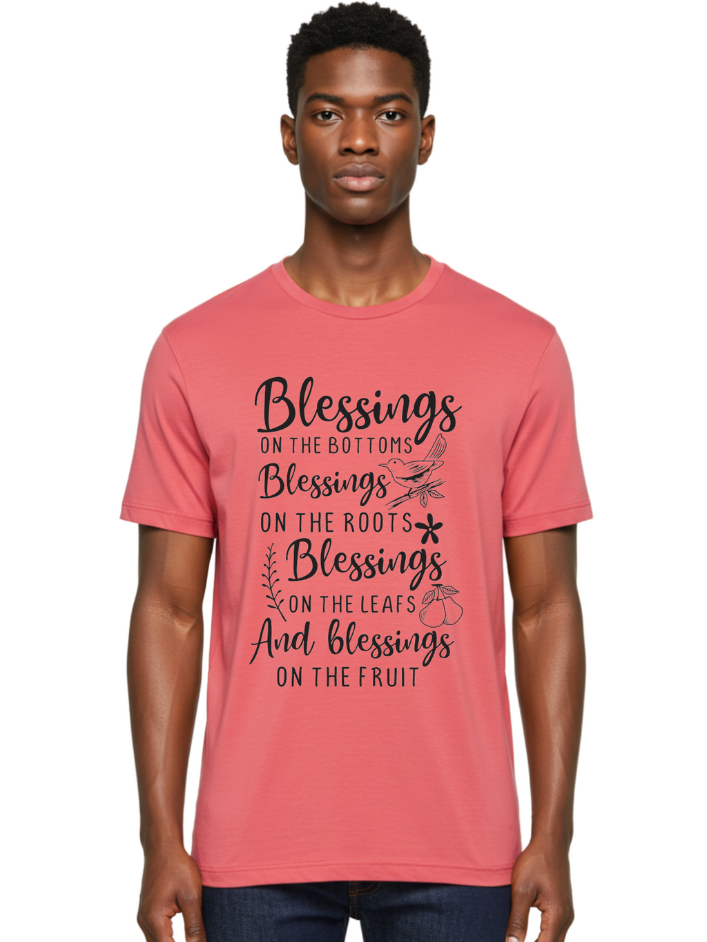 Blessings-On-The-Bottoms Men'S Graphic Tee, 100% Cotton, Comfortable Casual Summer Wear, Machine Washable, Inspirational Quote, Blessing Message, Typography Art, Leaf Illustrations, Floral Designs, Fruit Graphics, Nature-Inspired, Aac531