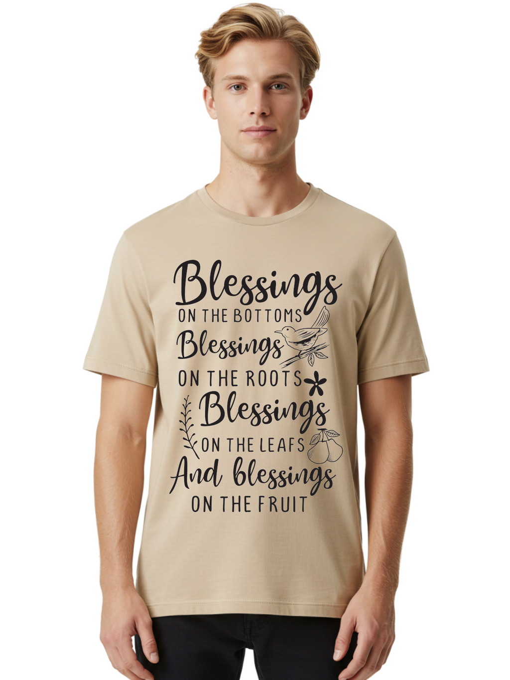 Blessings-On-The-Bottoms Men'S Graphic Tee, 100% Cotton, Comfortable Casual Summer Wear, Machine Washable, Inspirational Quote, Blessing Message, Typography Art, Leaf Illustrations, Floral Designs, Fruit Graphics, Nature-Inspired, Aac531