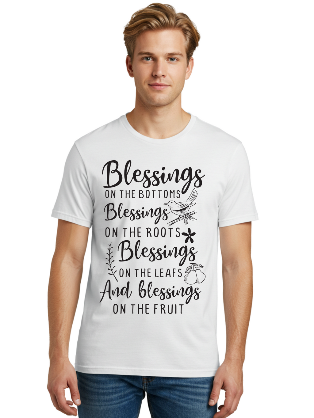 Blessings-On-The-Bottoms Men'S Graphic Tee, 100% Cotton, Comfortable Casual Summer Wear, Machine Washable, Inspirational Quote, Blessing Message, Typography Art, Leaf Illustrations, Floral Designs, Fruit Graphics, Nature-Inspired, Aac531