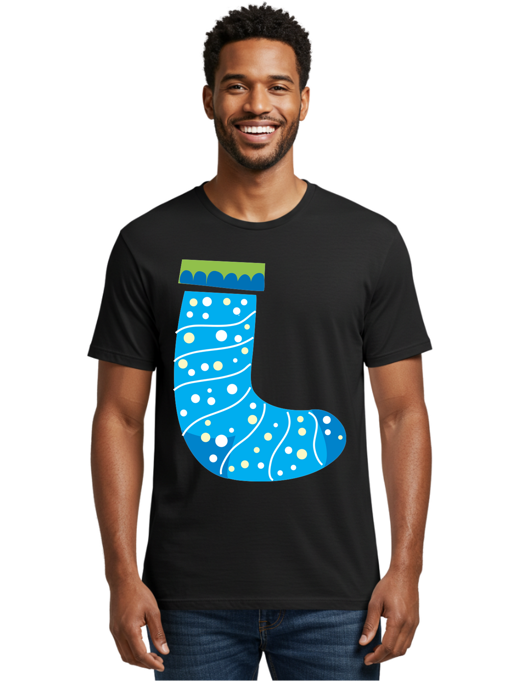 Blue-Christmas-Sock Men'S Graphic Tee, 100% Cotton, Comfortable Casual Summer Wear, Machine Washable, Christmas Stocking, Holiday Decor, Festive Season, Winter Wonderland, Cozy Atmosphere, Blue And White Colors, Polka Dot Pattern, White Swirls Aac533