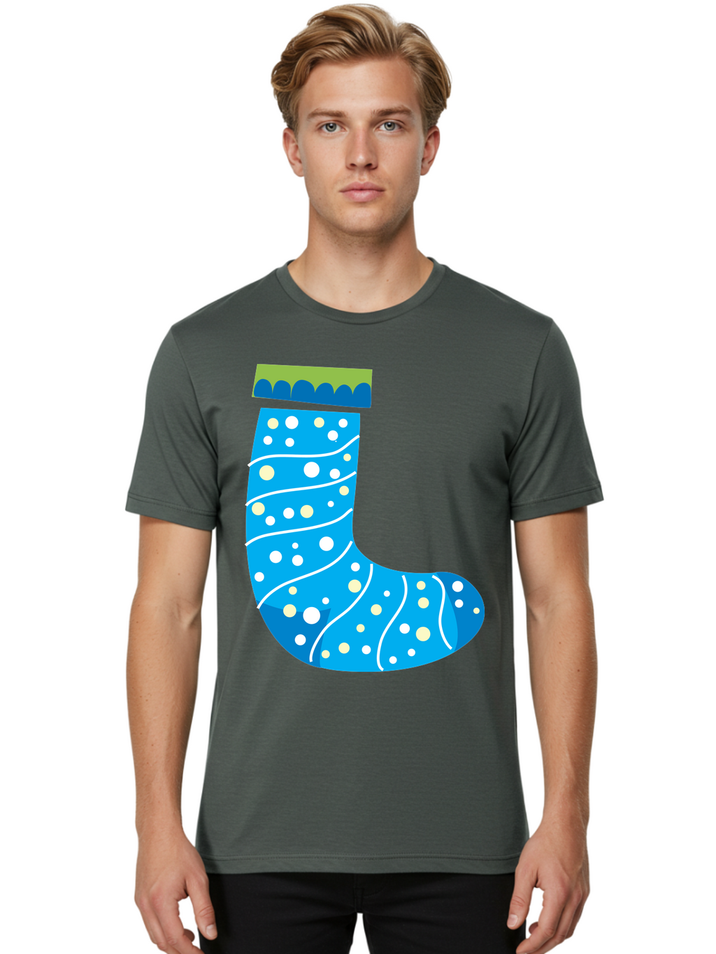 Blue-Christmas-Sock Men'S Graphic Tee, 100% Cotton, Comfortable Casual Summer Wear, Machine Washable, Christmas Stocking, Holiday Decor, Festive Season, Winter Wonderland, Cozy Atmosphere, Blue And White Colors, Polka Dot Pattern, White Swirls Aac533