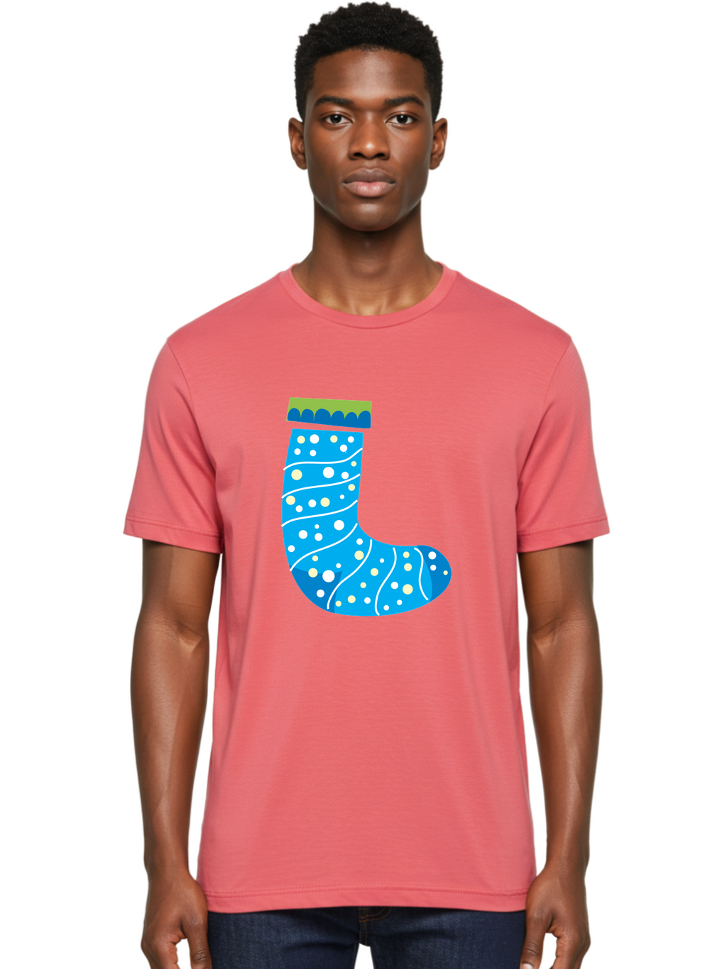 Blue-Christmas-Sock Men'S Graphic Tee, 100% Cotton, Comfortable Casual Summer Wear, Machine Washable, Christmas Stocking, Holiday Decor, Festive Season, Winter Wonderland, Cozy Atmosphere, Blue And White Colors, Polka Dot Pattern, White Swirls Aac533