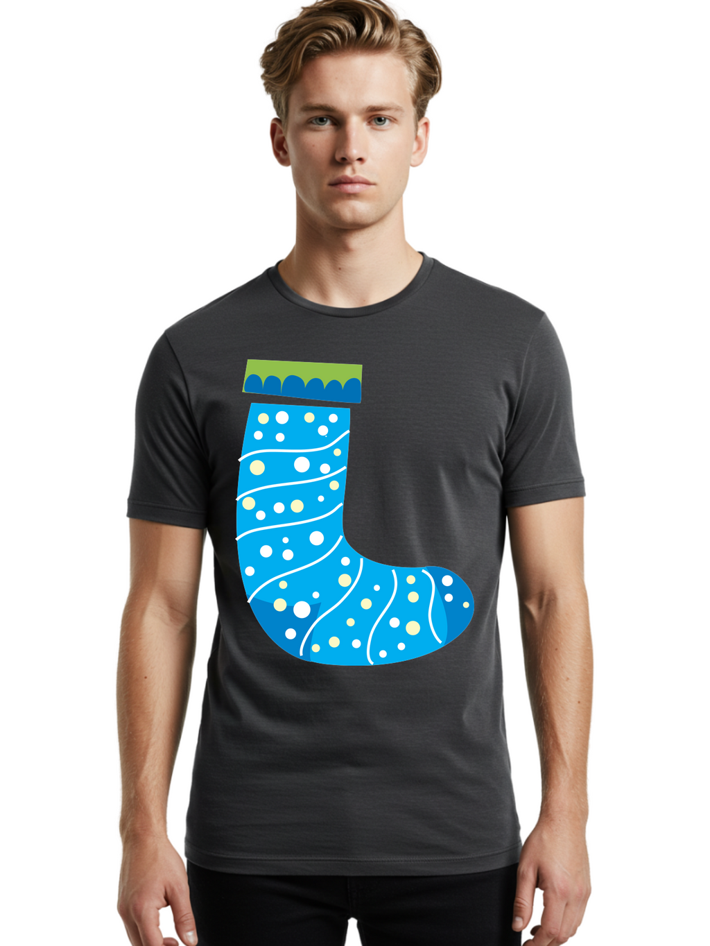 Blue-Christmas-Sock Men'S Graphic Tee, 100% Cotton, Comfortable Casual Summer Wear, Machine Washable, Christmas Stocking, Holiday Decor, Festive Season, Winter Wonderland, Cozy Atmosphere, Blue And White Colors, Polka Dot Pattern, White Swirls Aac533