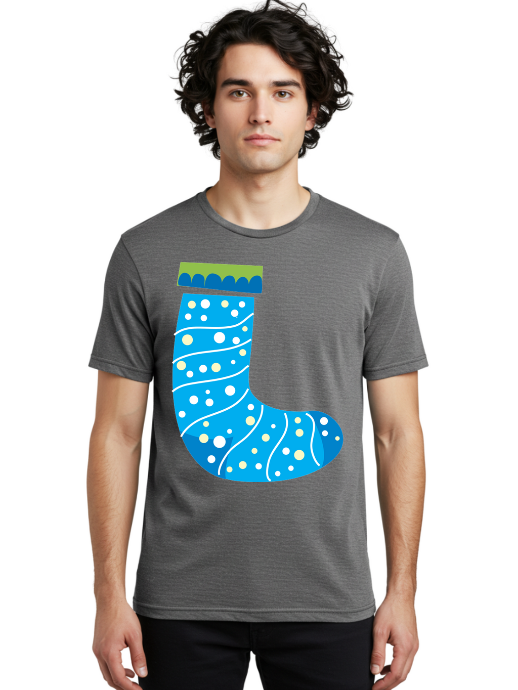 Blue-Christmas-Sock Men'S Graphic Tee, 100% Cotton, Comfortable Casual Summer Wear, Machine Washable, Christmas Stocking, Holiday Decor, Festive Season, Winter Wonderland, Cozy Atmosphere, Blue And White Colors, Polka Dot Pattern, White Swirls Aac533