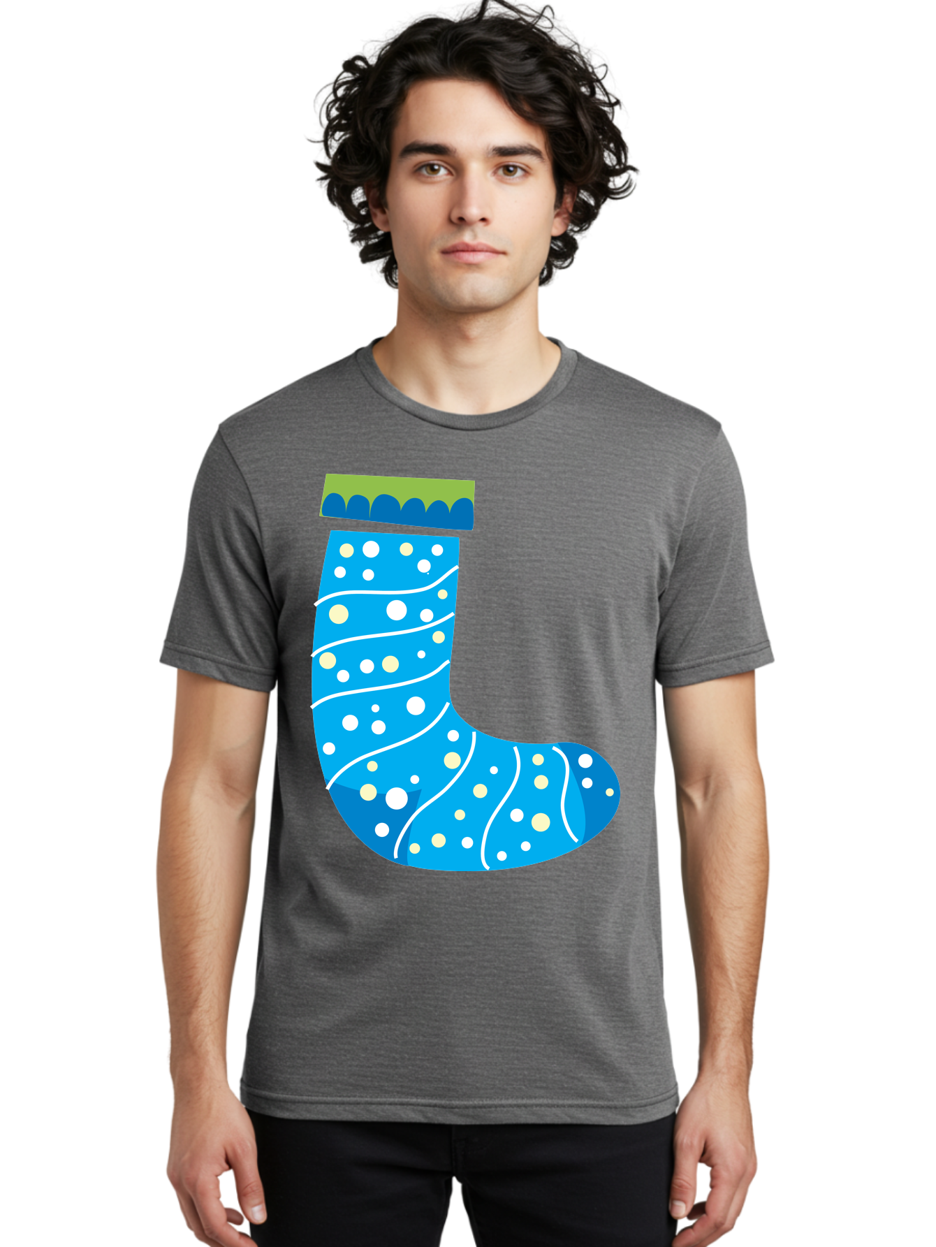 Blue-Christmas-Sock Men'S Graphic Tee, 100% Cotton, Comfortable Casual Summer Wear, Machine Washable, Christmas Stocking, Holiday Decor, Festive Season, Winter Wonderland, Cozy Atmosphere, Blue And White Colors, Polka Dot Pattern, White Swirls Aac533