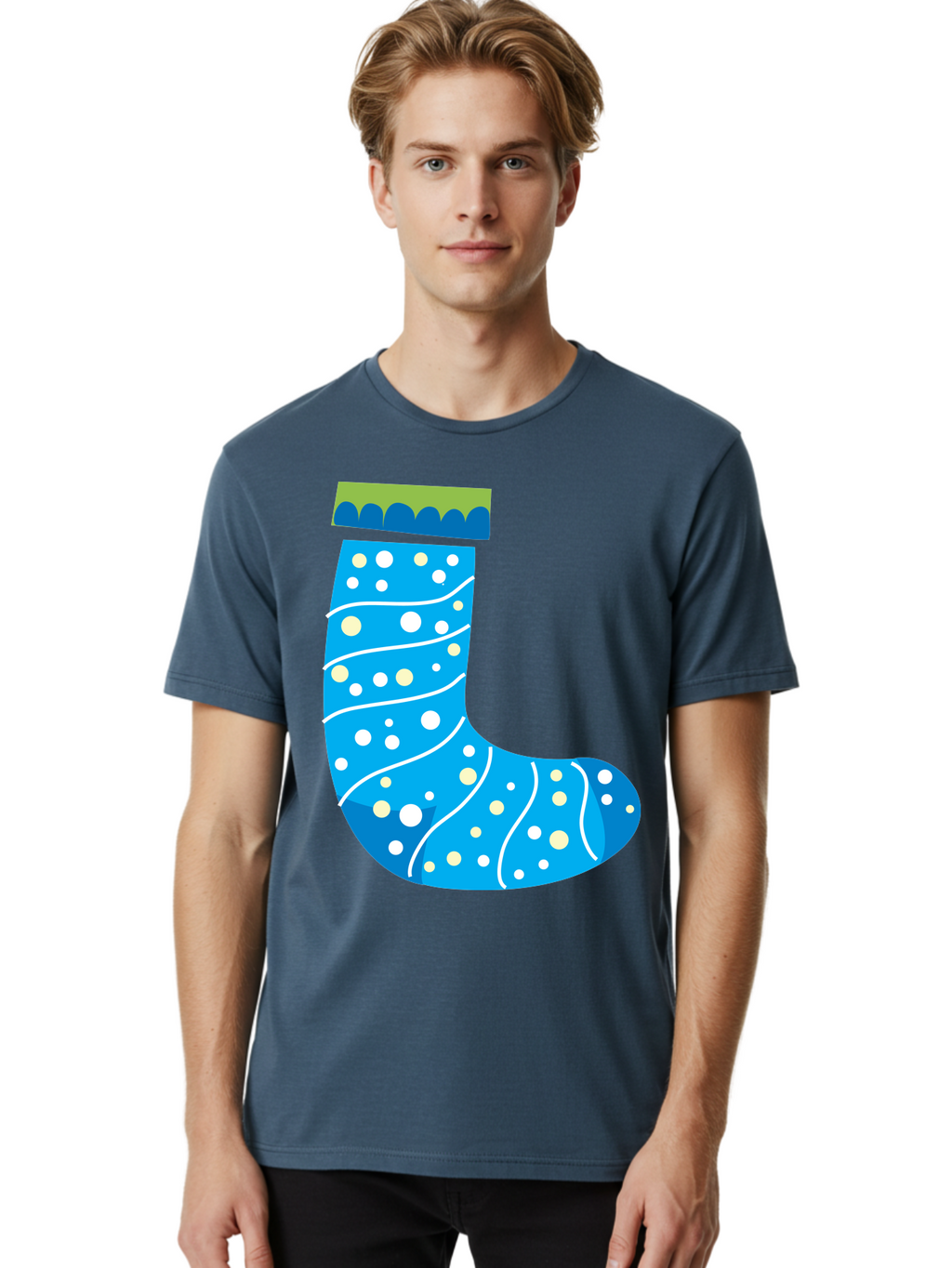 Blue-Christmas-Sock Men'S Graphic Tee, 100% Cotton, Comfortable Casual Summer Wear, Machine Washable, Christmas Stocking, Holiday Decor, Festive Season, Winter Wonderland, Cozy Atmosphere, Blue And White Colors, Polka Dot Pattern, White Swirls Aac533