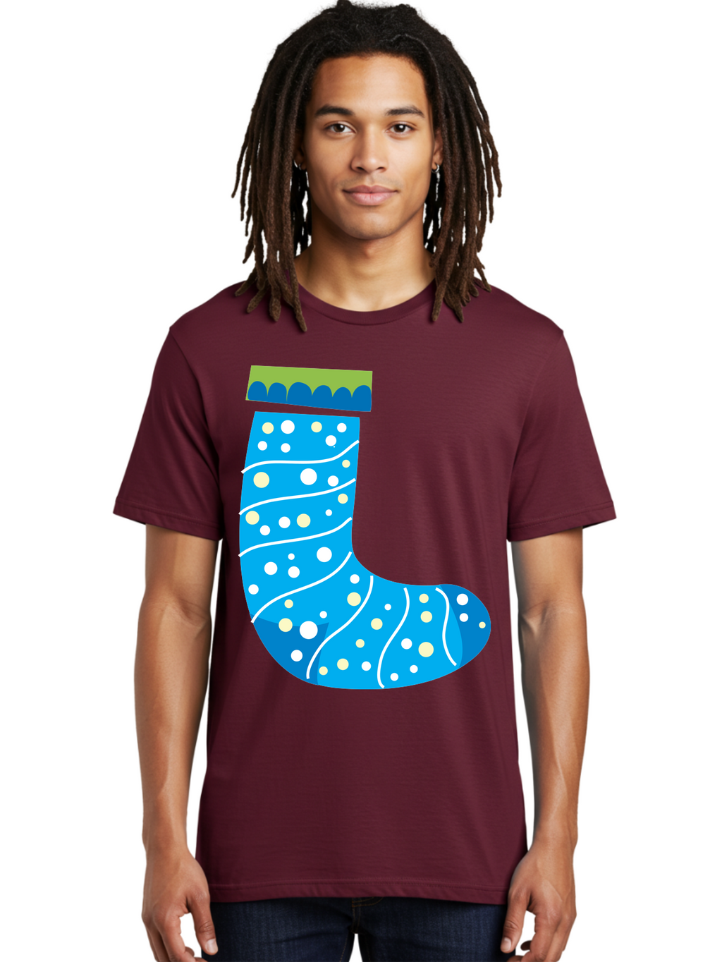 Blue-Christmas-Sock Men'S Graphic Tee, 100% Cotton, Comfortable Casual Summer Wear, Machine Washable, Christmas Stocking, Holiday Decor, Festive Season, Winter Wonderland, Cozy Atmosphere, Blue And White Colors, Polka Dot Pattern, White Swirls Aac533